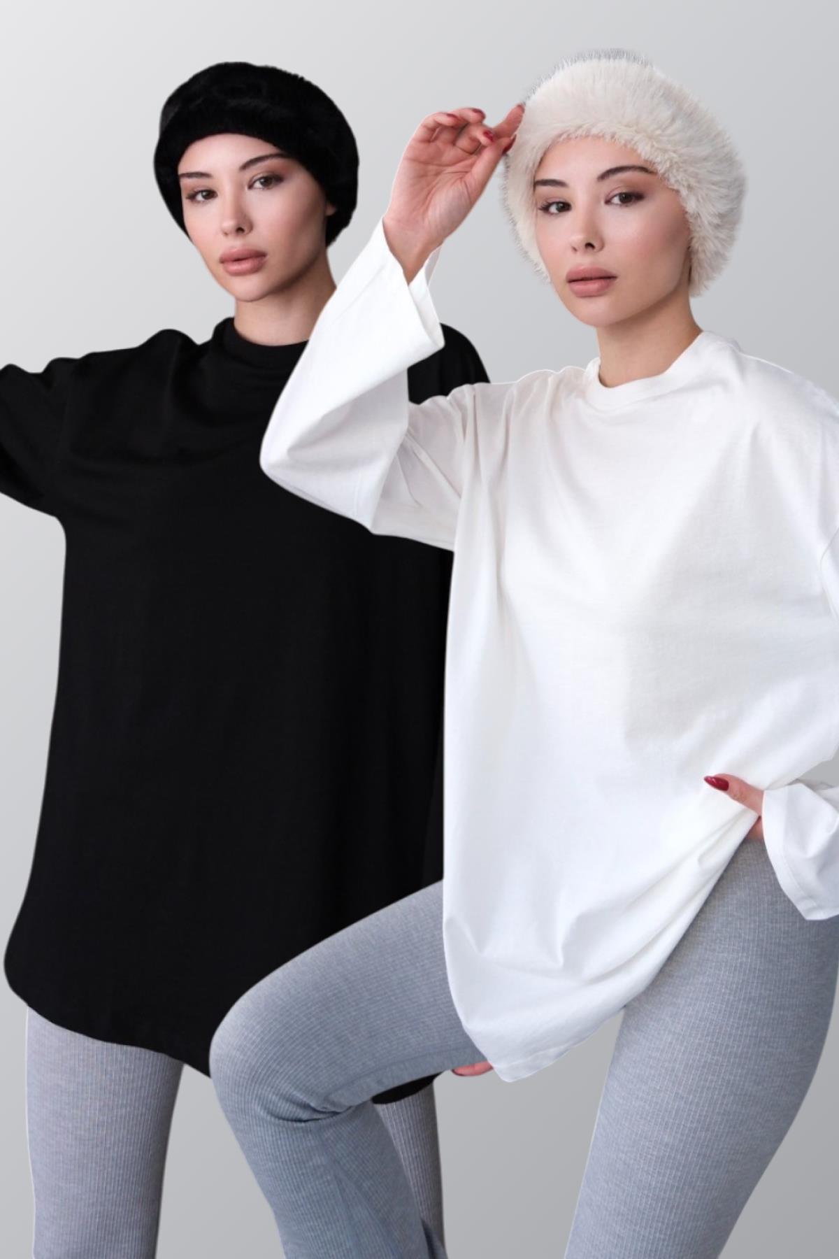 Geniş Kol Oversize 2'li Paket T-Shirt 964 Siyah/Ekru