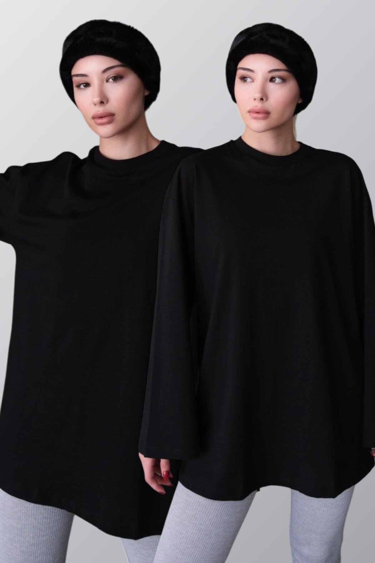Geniş Kol Oversize 2'li Paket T-Shirt 964 Siyah/Siyah