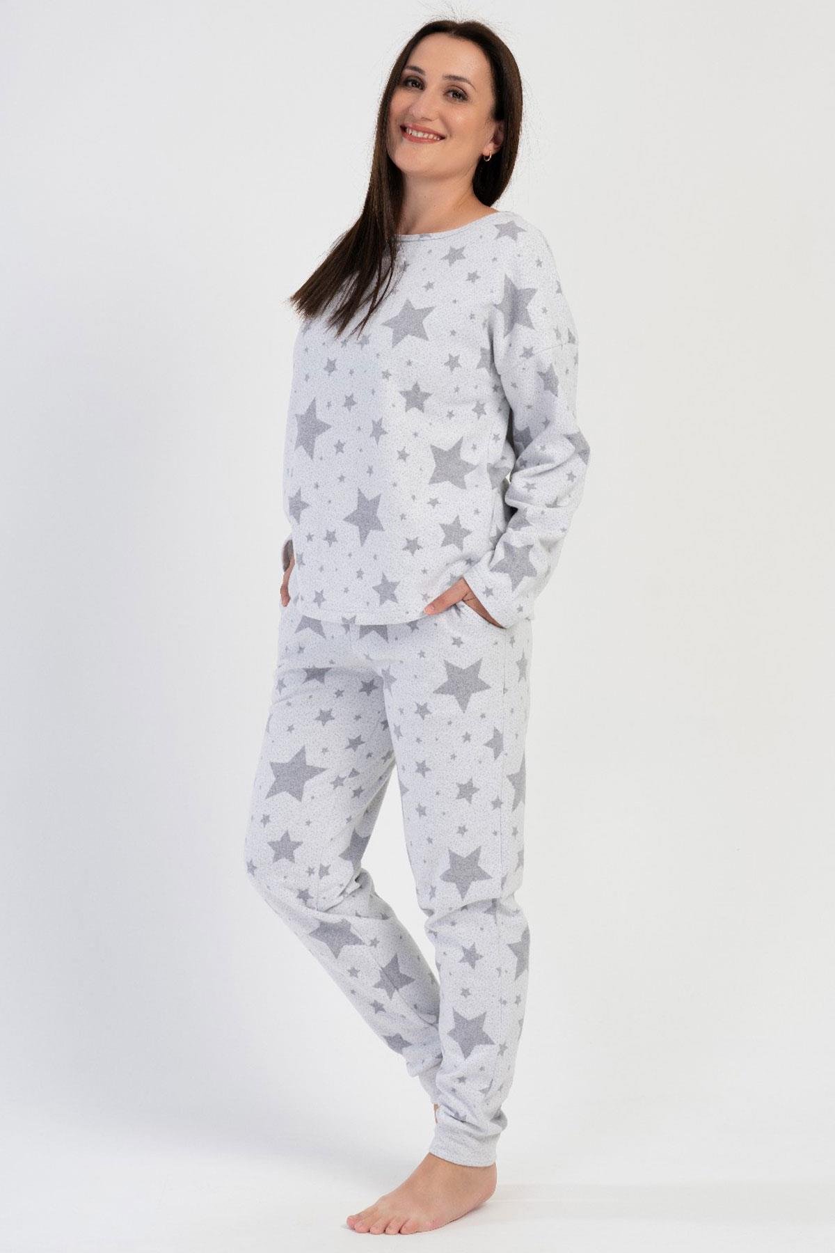 Jakarlı Kayık Yaka Düşük Omuz Uzun Kol Cepli Büyük Beden Pijama Takım 402033 Gri