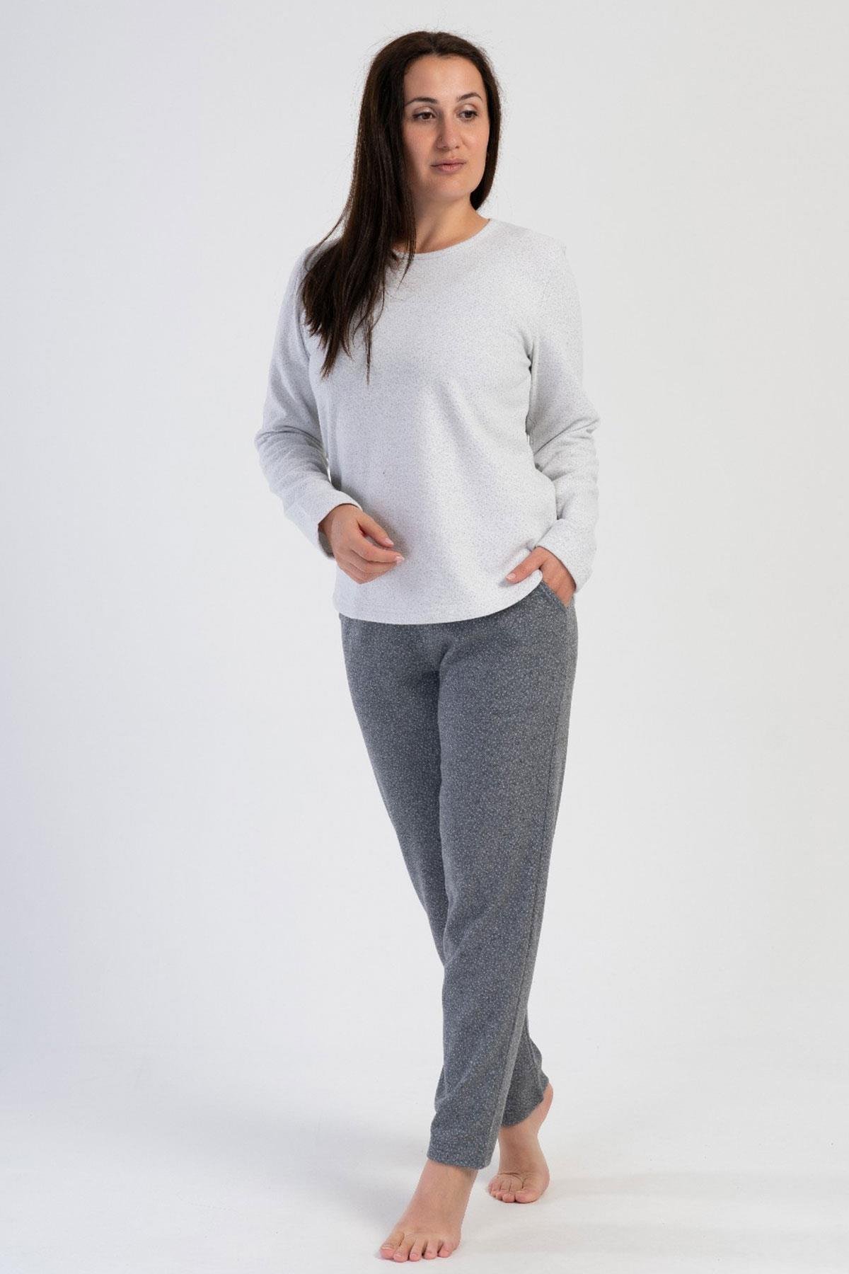 Jakarlı Kayık Yaka Düşük Omuz Uzun Kol Cepli Büyük Beden Pijama Takım 402028 Beyaz