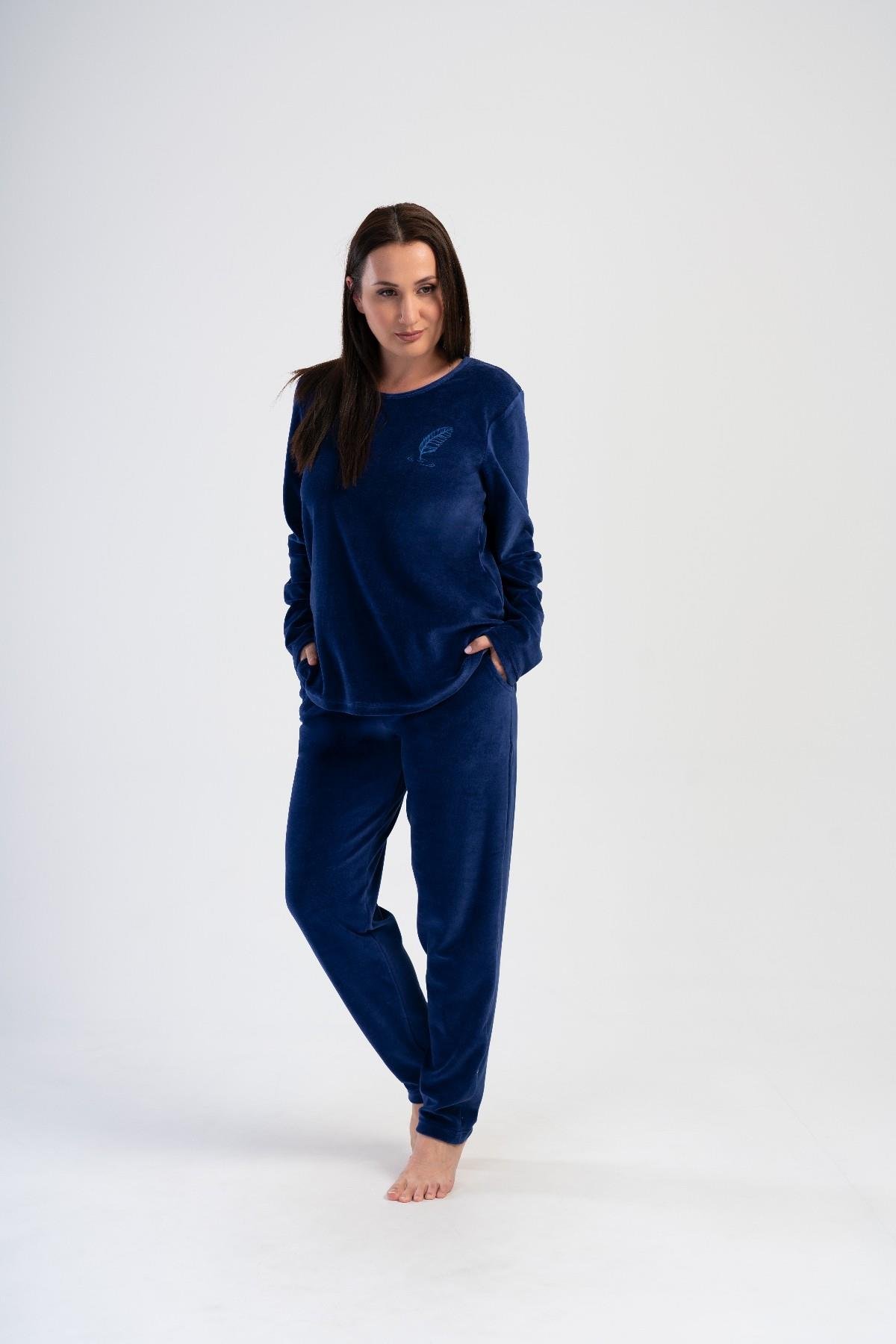 Kadife Bisiklet Yaka Uzun Kol Cepli Büyük Beden Pijama Takım 403085 İndigo
