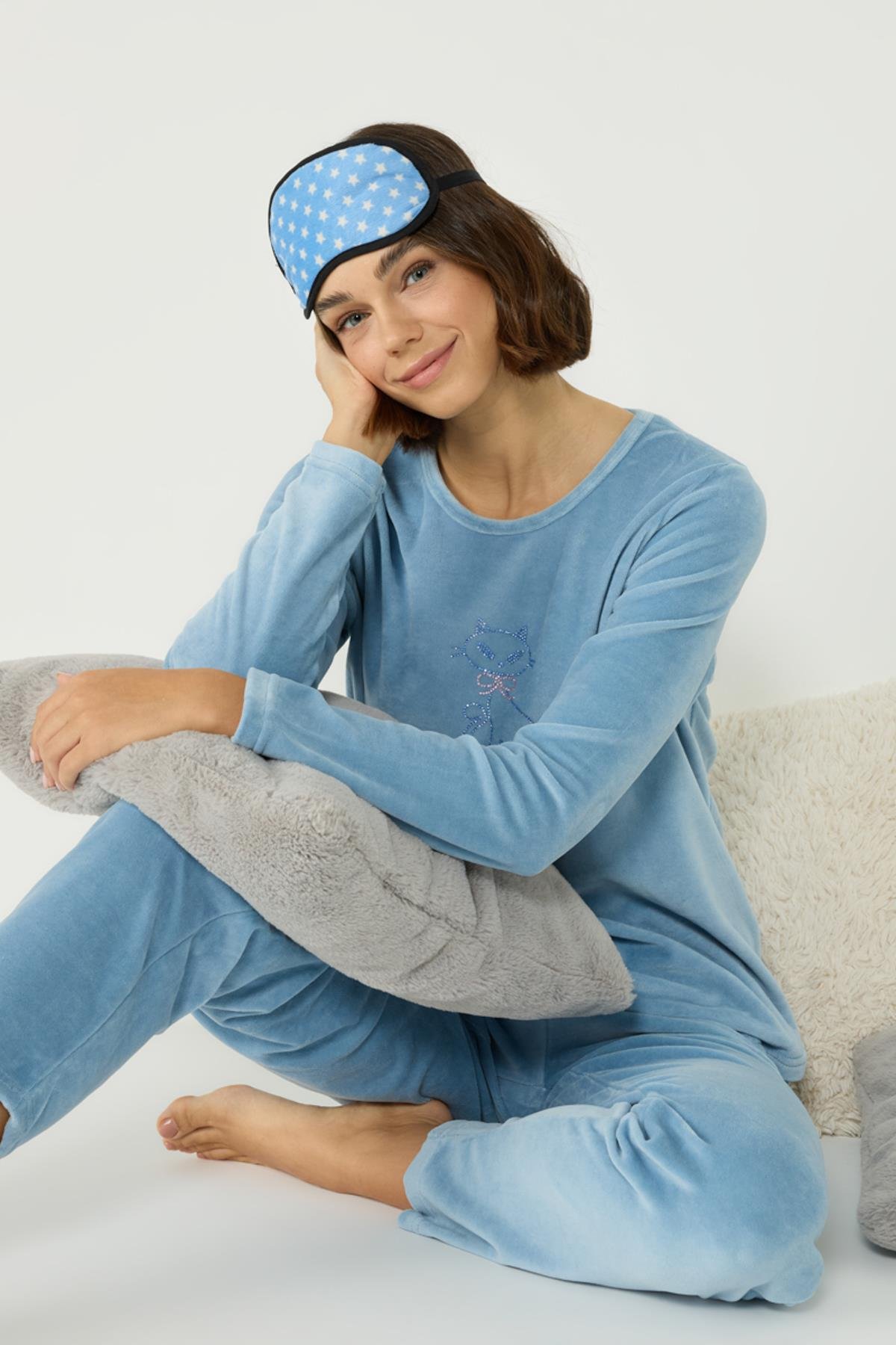 Kadife Bisiklet Yaka Uzun Kol Cepli Pijama Takım 403091 Mavi