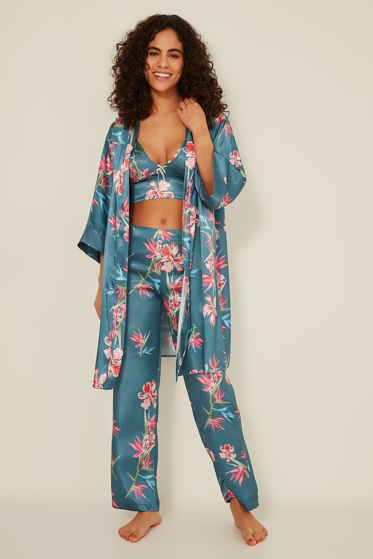 C&City Women Satin Triple Pyjama Set 045 Turquoise