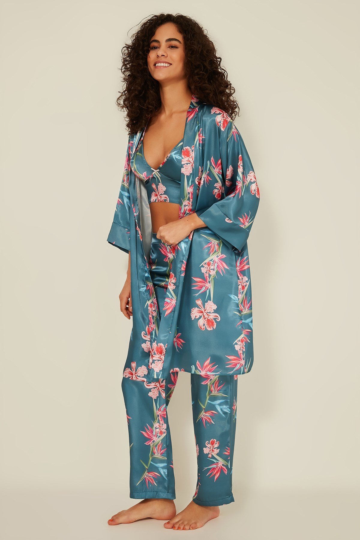 C&City Women Satin Triple Pyjama Set 045 Turquoise