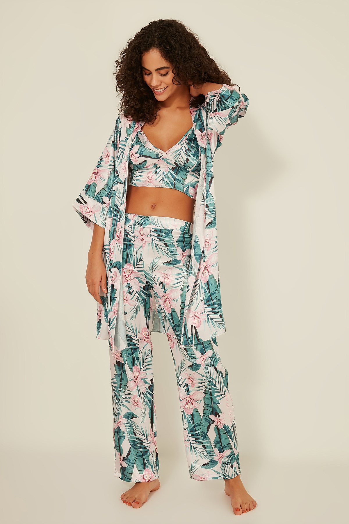 C&City Women Satin Triple Pyjama Set 045 Ecru/Green