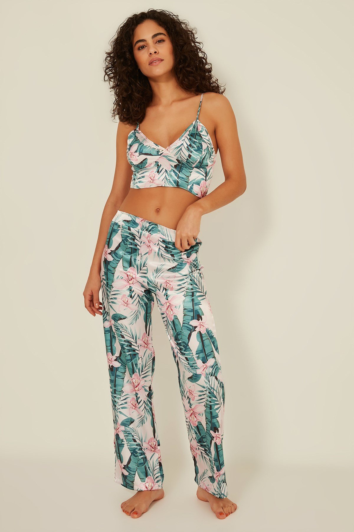 C&City Women Satin Triple Pyjama Set 045 Ecru/Green