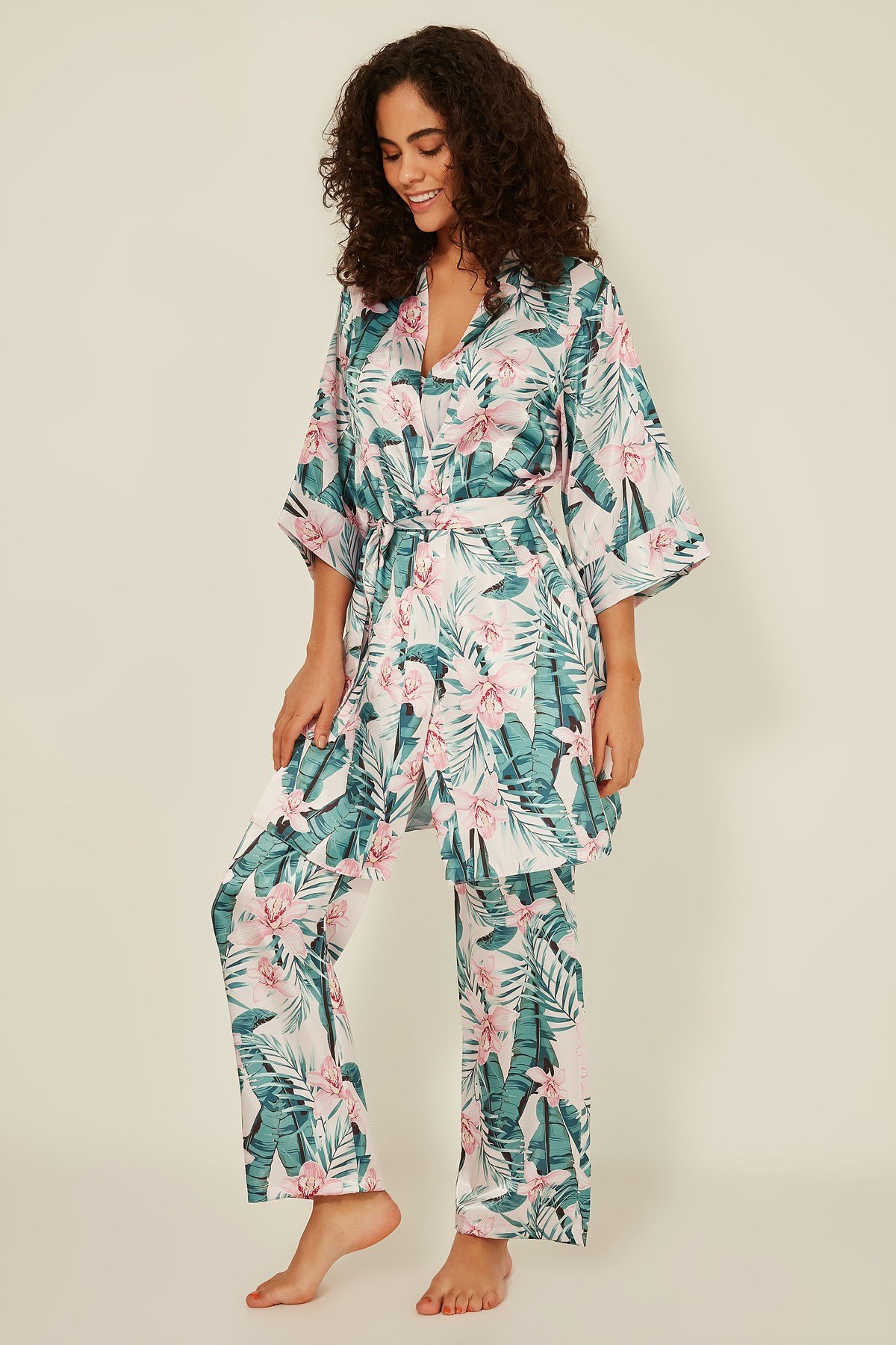 C&City Women Satin Triple Pyjama Set 045 Ecru/Green