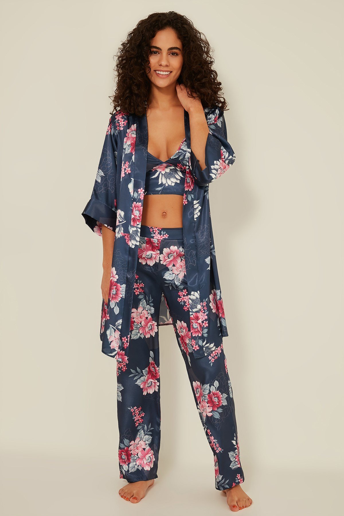 C&City Women Satin Triple Pyjama Set 045 Blue