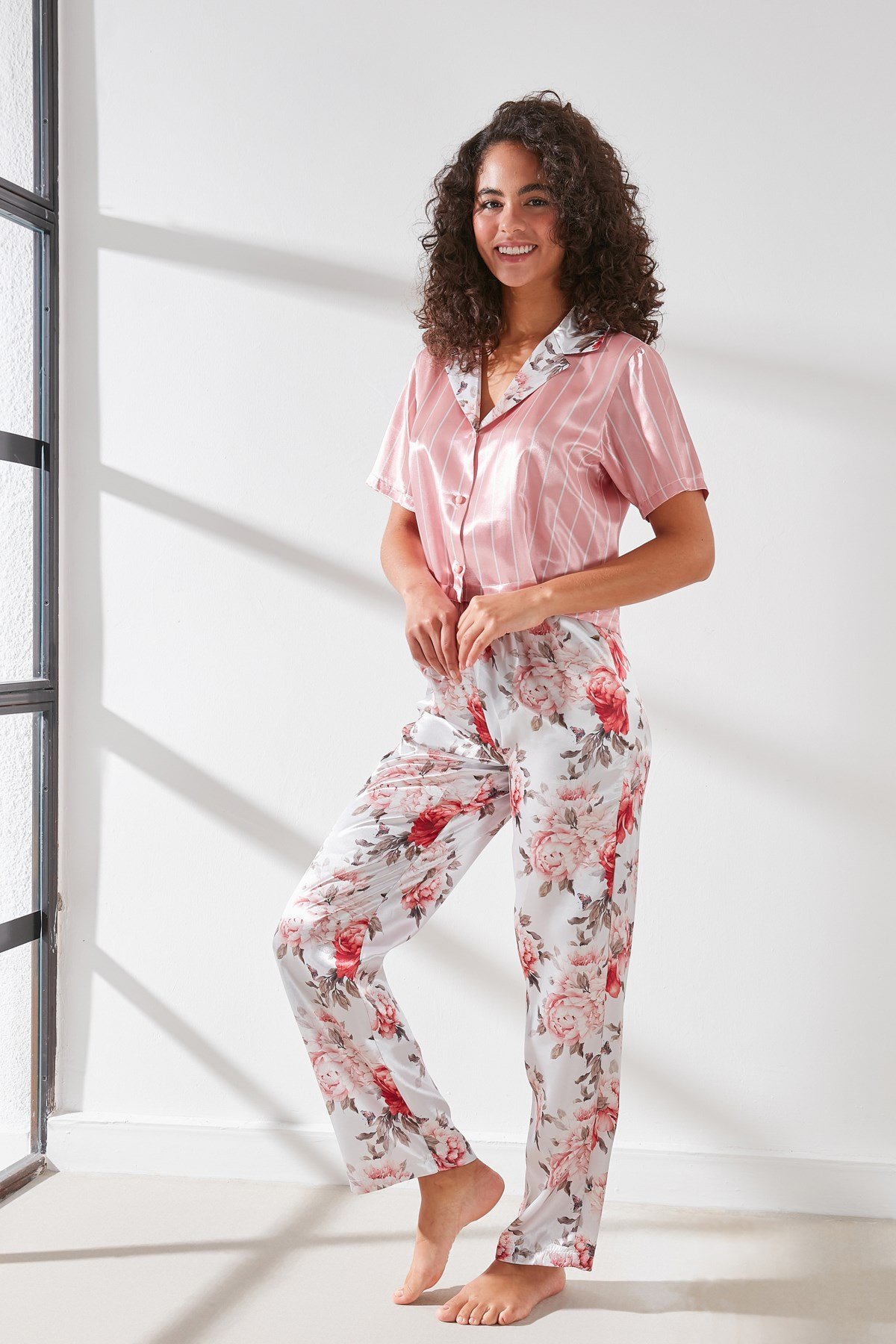 C&City  Satin Pyjama Set 9066  Pink/Ecru