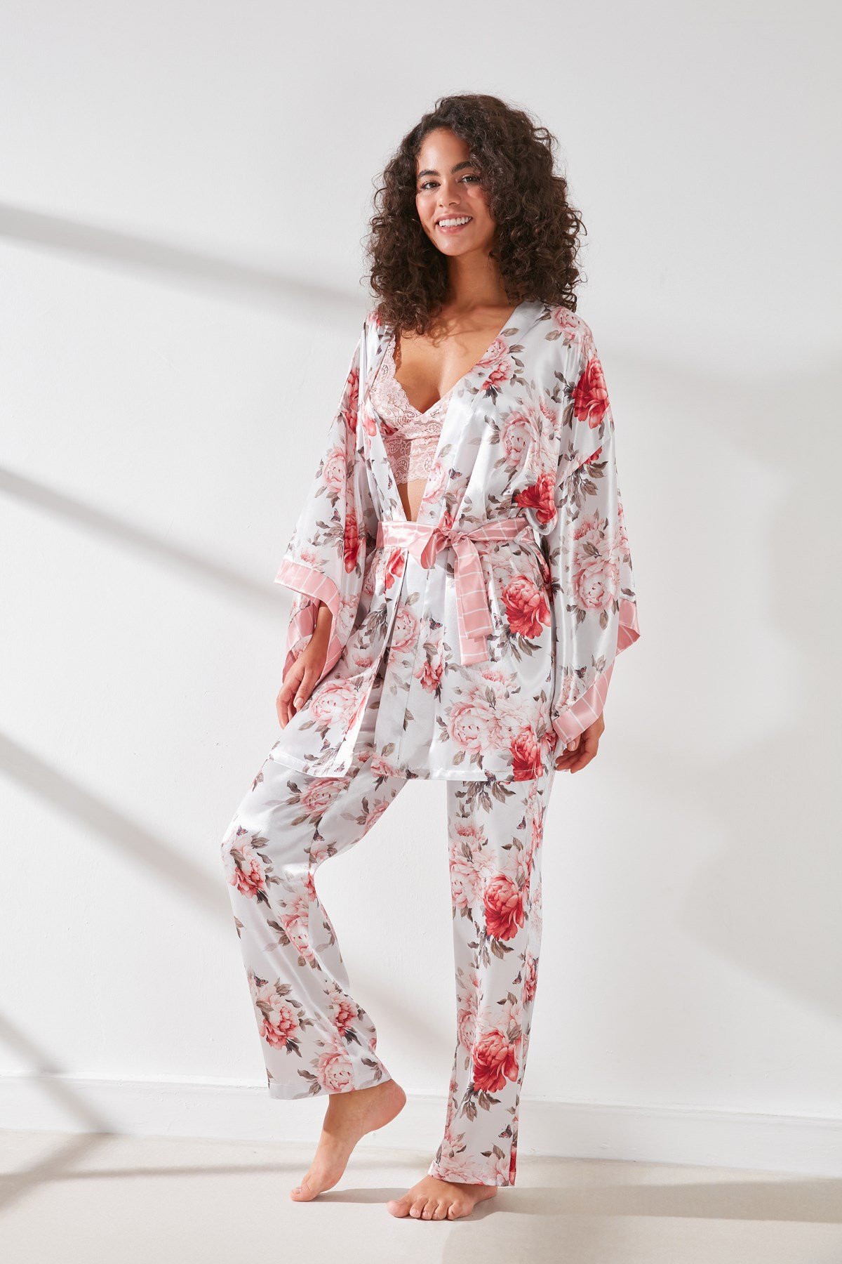 C&City Satin 3 Piece Nightgown Set 9064  Pink/Ecru