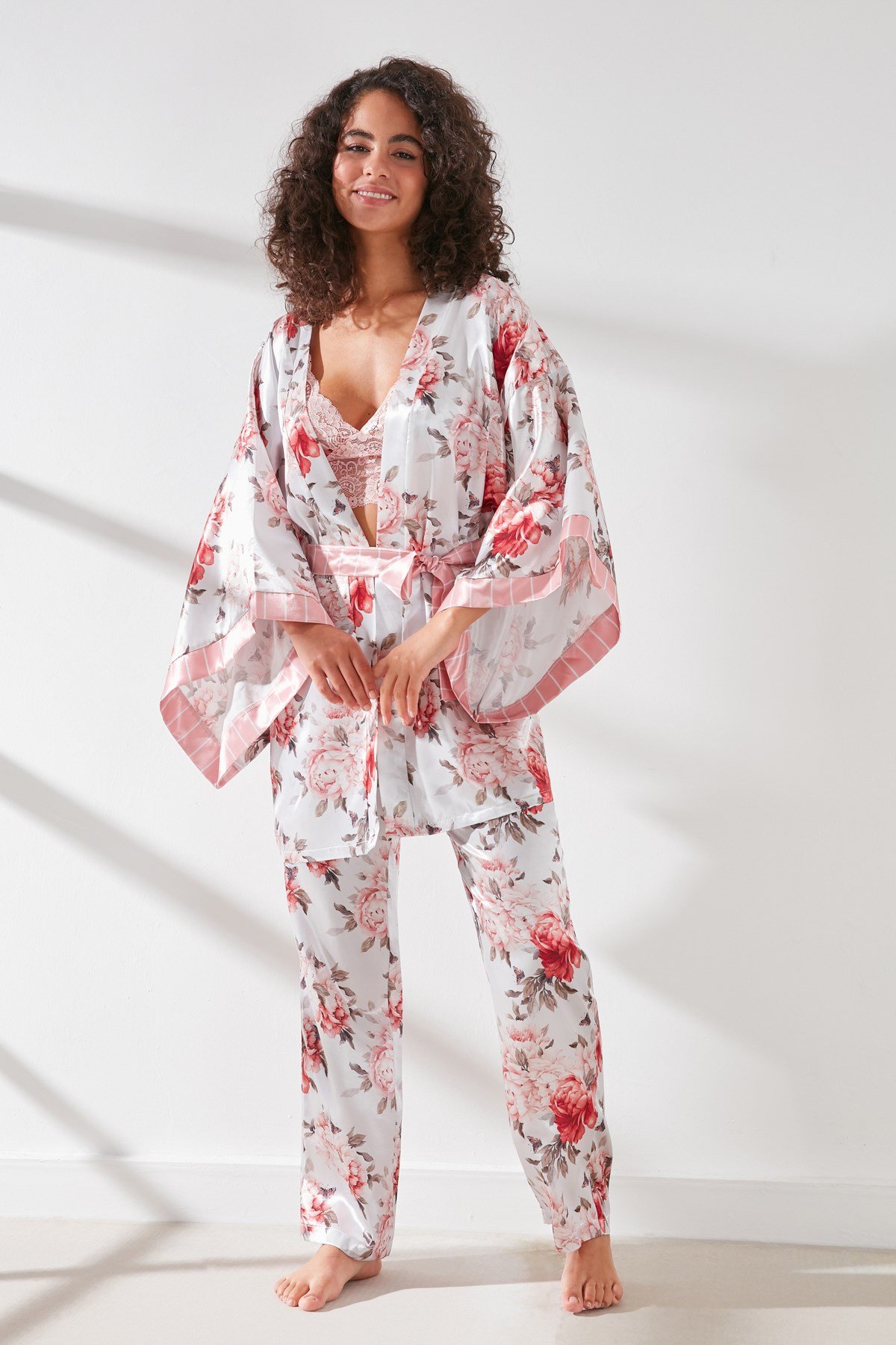 C&City Satin 3 Piece Nightgown Set 9064  Pink/Ecru