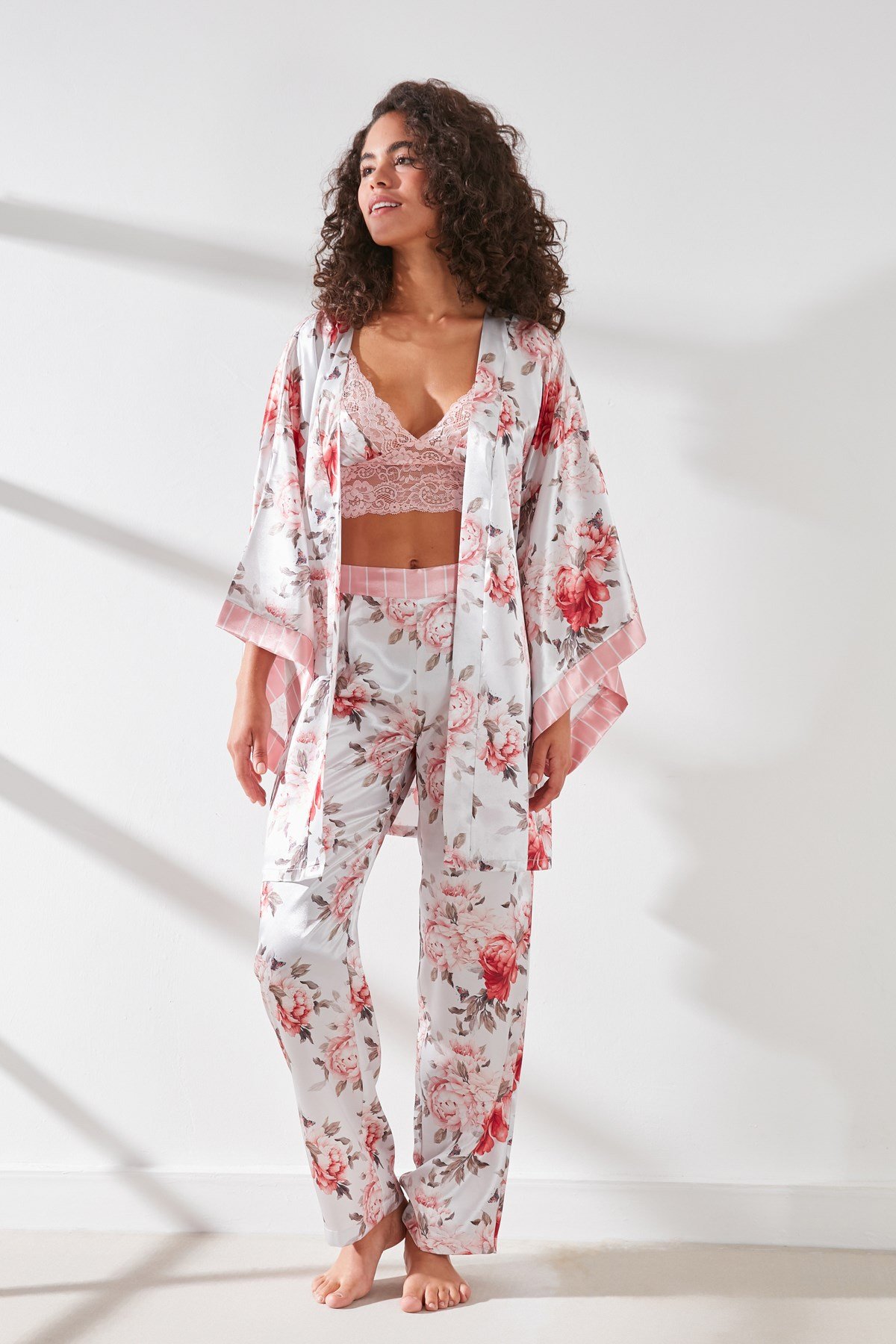 C&City Satin 3 Piece Nightgown Set 9064  Pink/Ecru