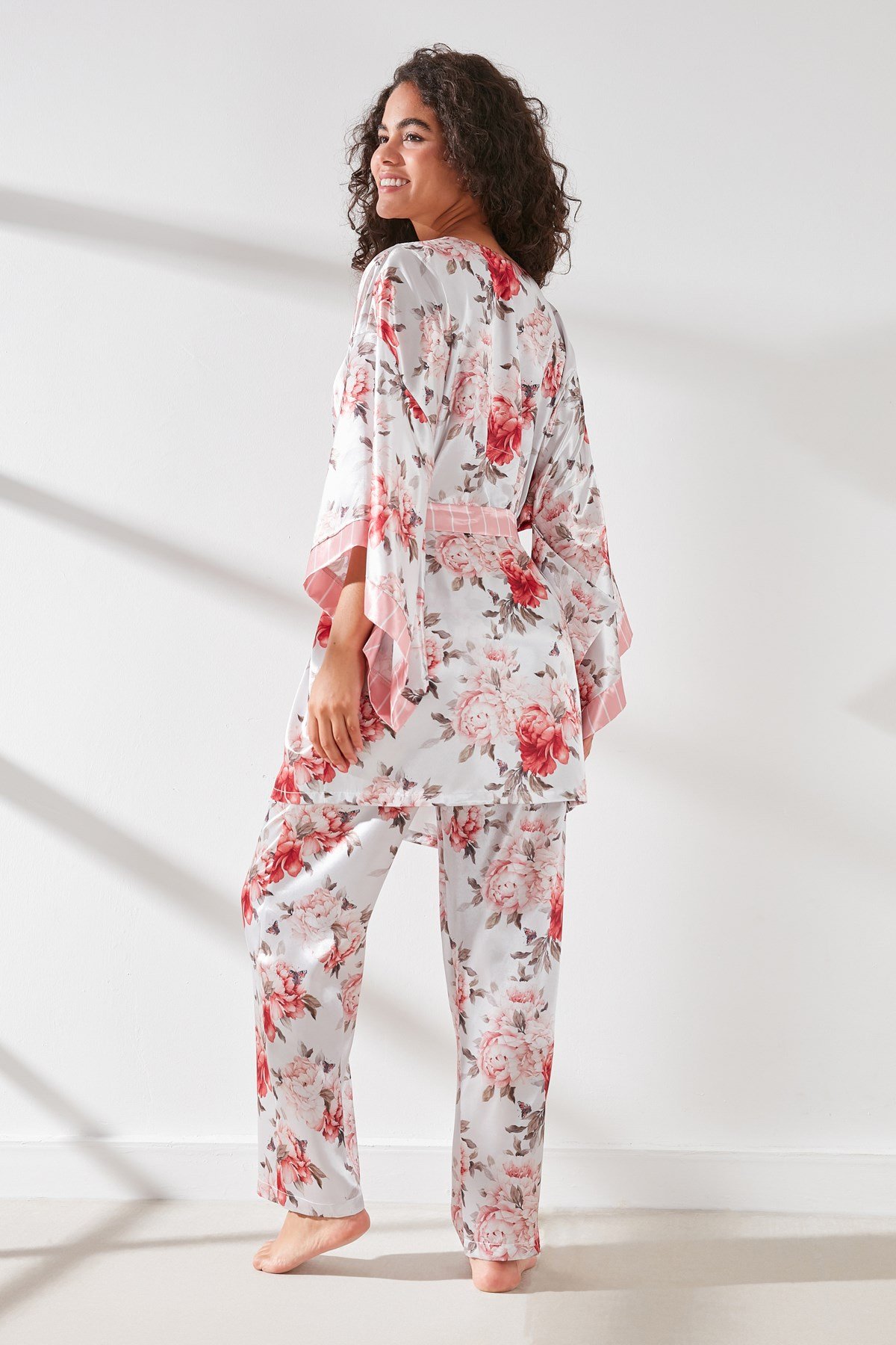 C&City Satin 3 Piece Nightgown Set 9064  Pink/Ecru