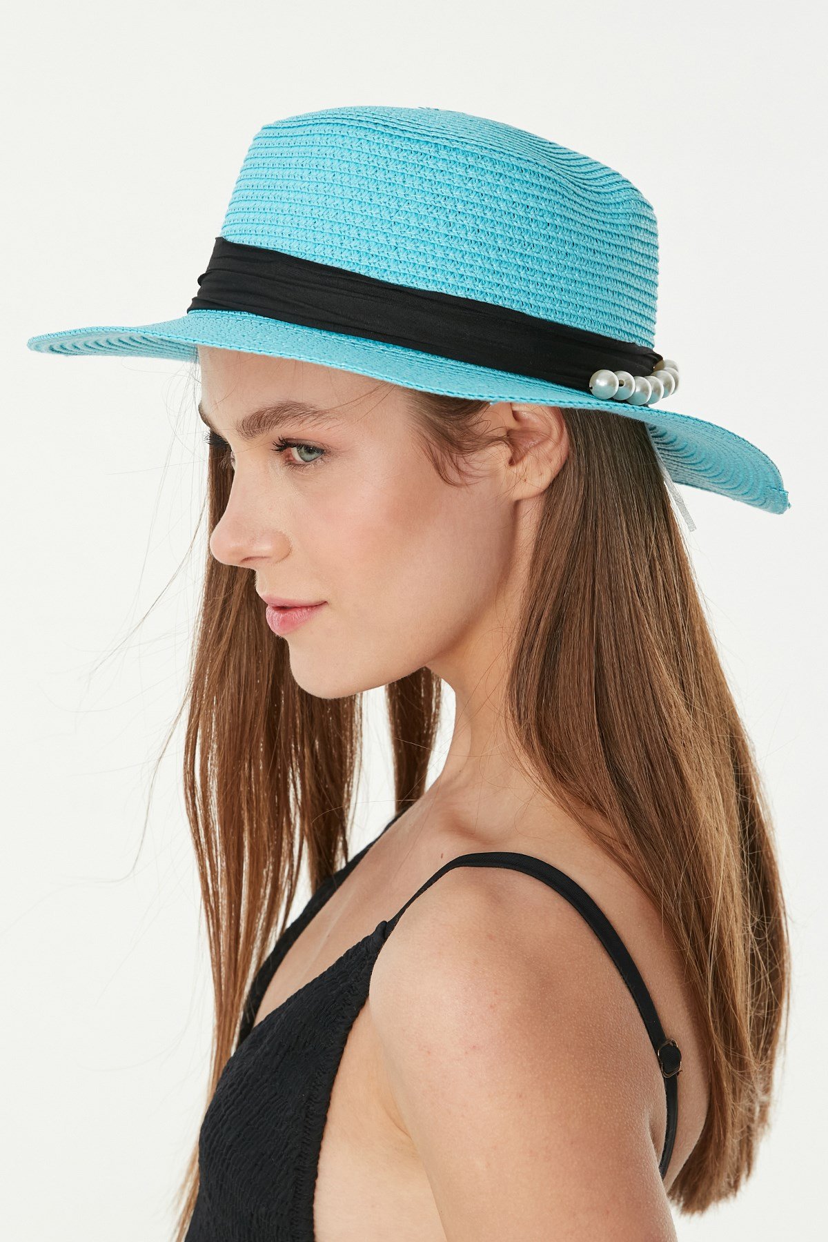 C&City Kısa Kenar Hasır Plaj Şapka P-Y87300-46 Beyaz Turquoise