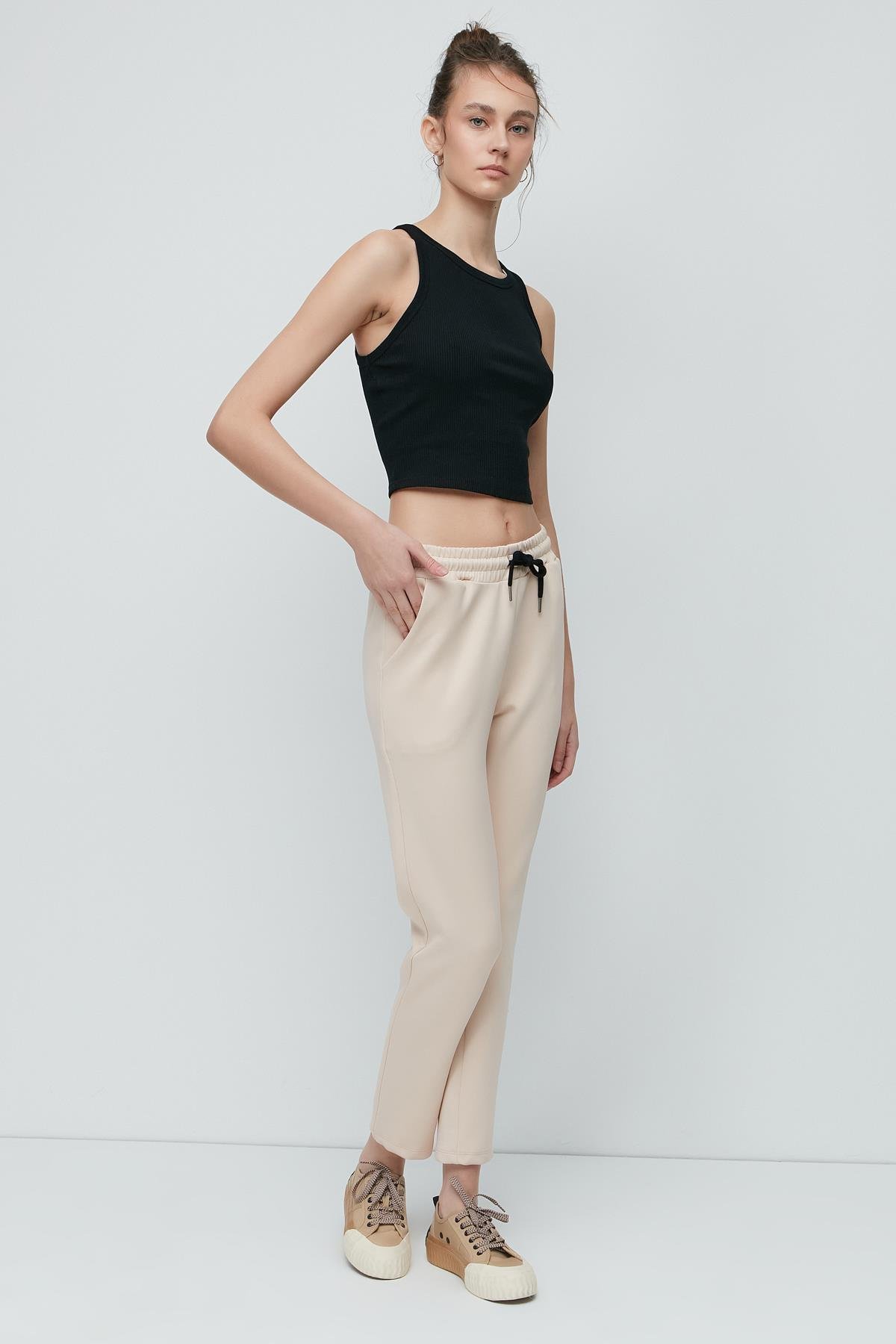 C&City Düz Paça Yandan Cepli Eşofman Altı 801 Füme Cream Color