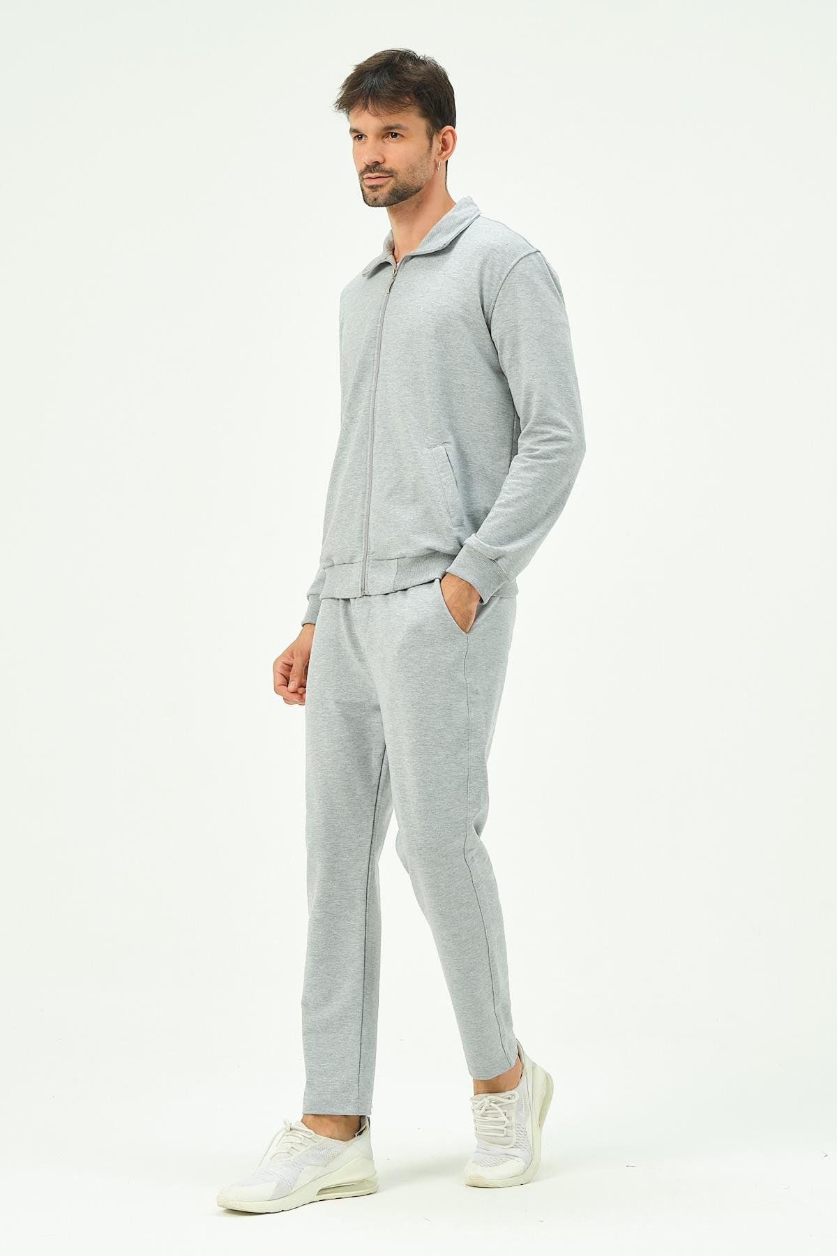 C&City Men Collared Front Zippered Straight Leg Tracksuit 8701 Grey
