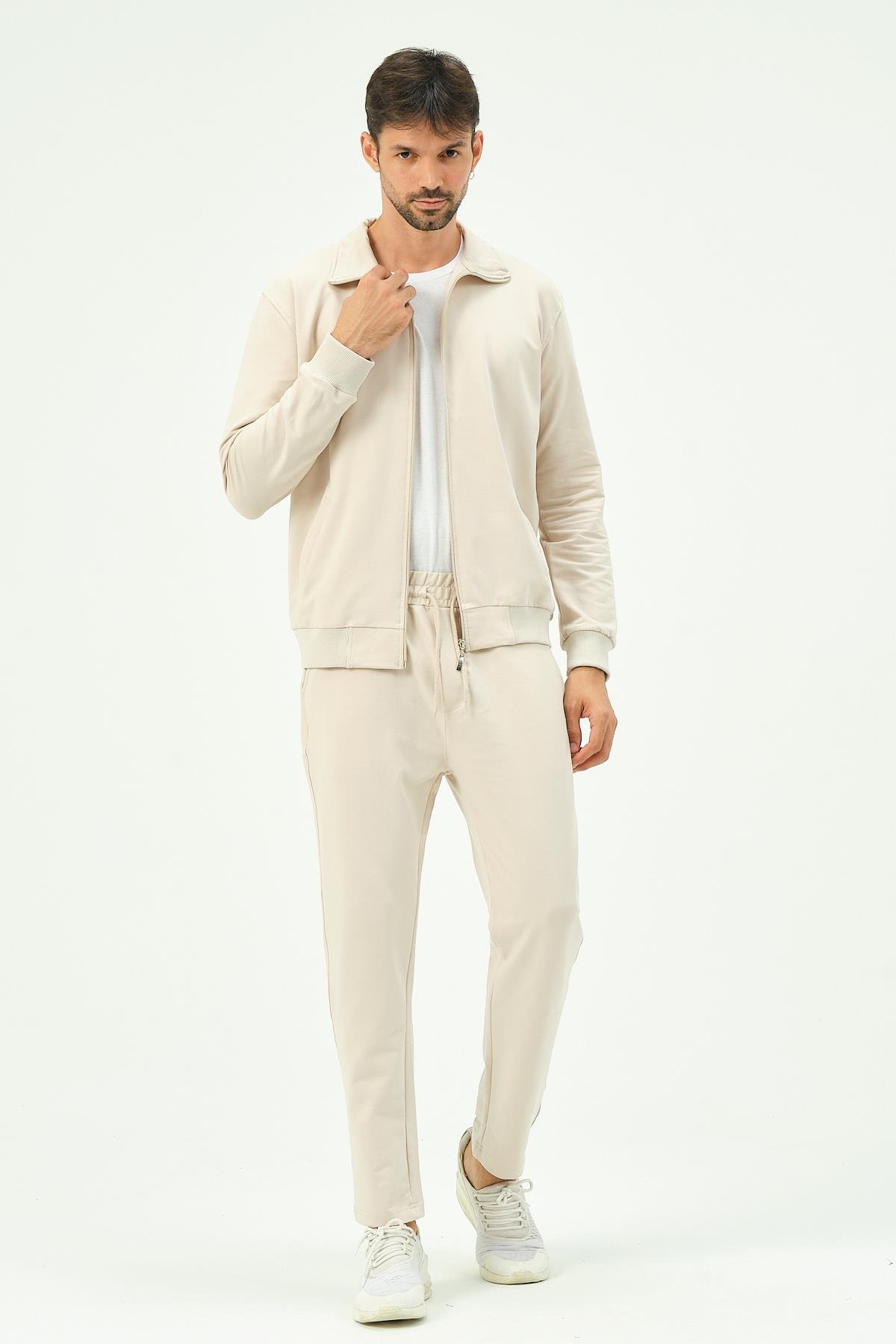 C&City Men Collared Front Zippered Straight Leg Tracksuit 8701 Beige