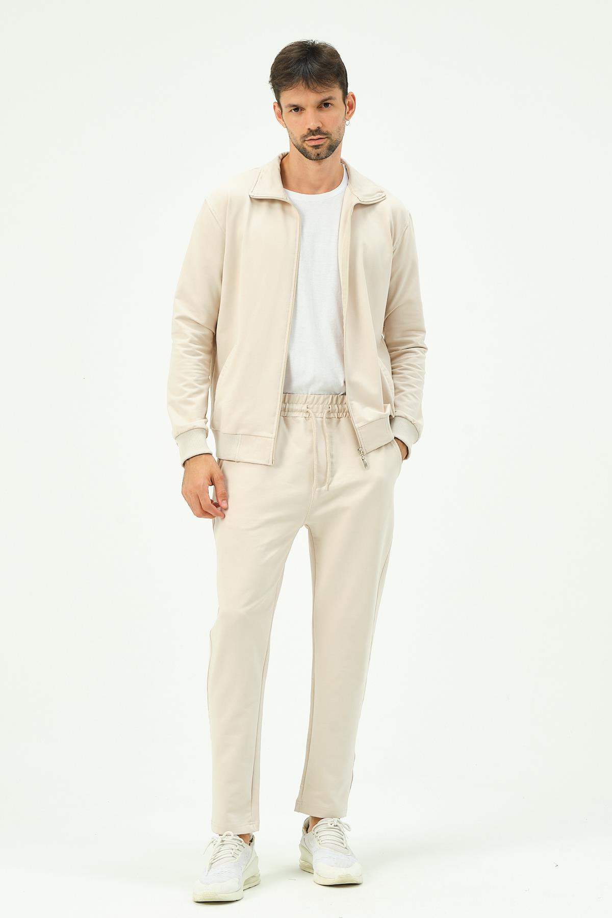C&City Men Collared Front Zippered Straight Leg Tracksuit 8701 Beige