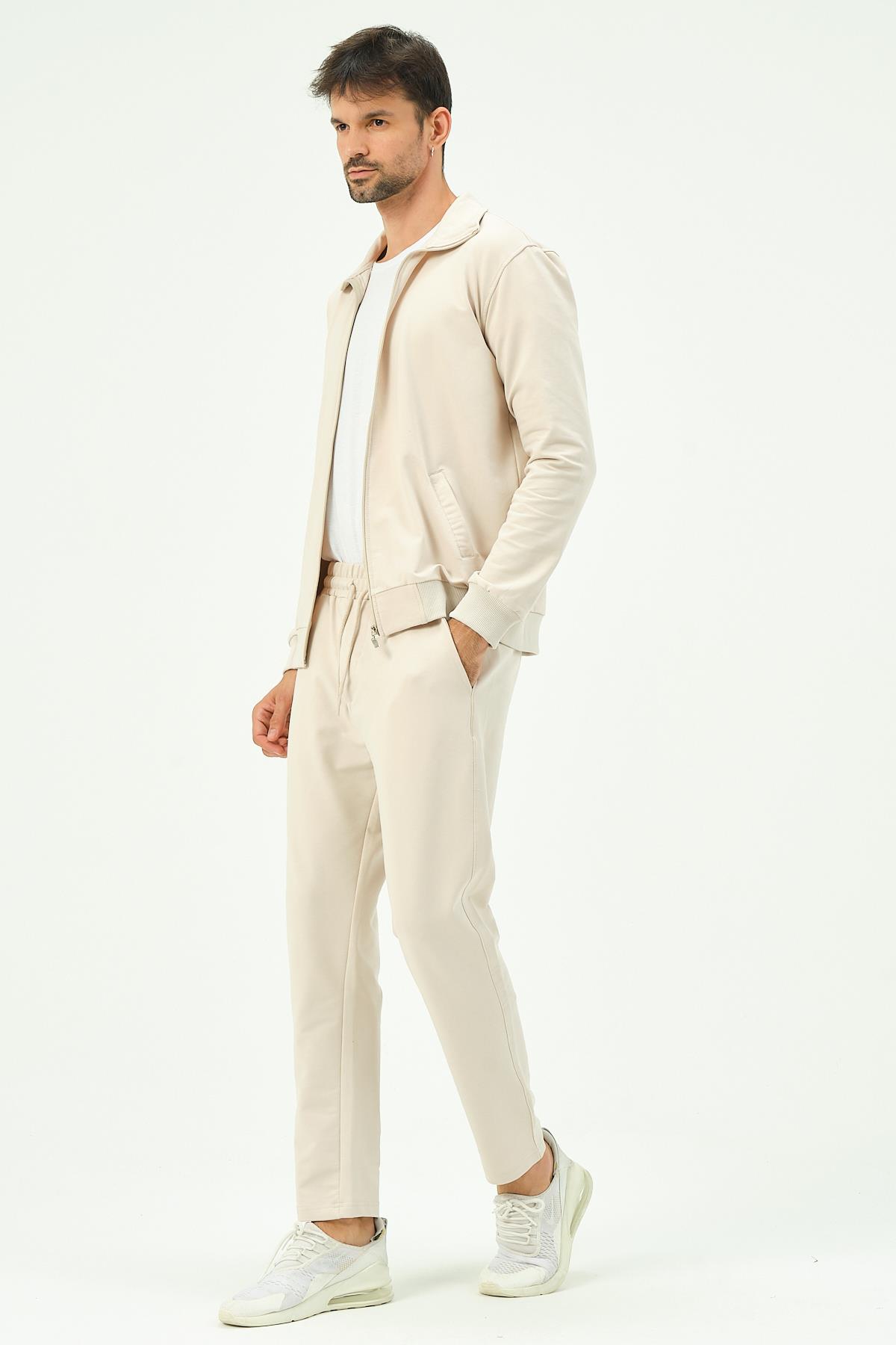 C&City Men Collared Front Zippered Straight Leg Tracksuit 8701 Beige
