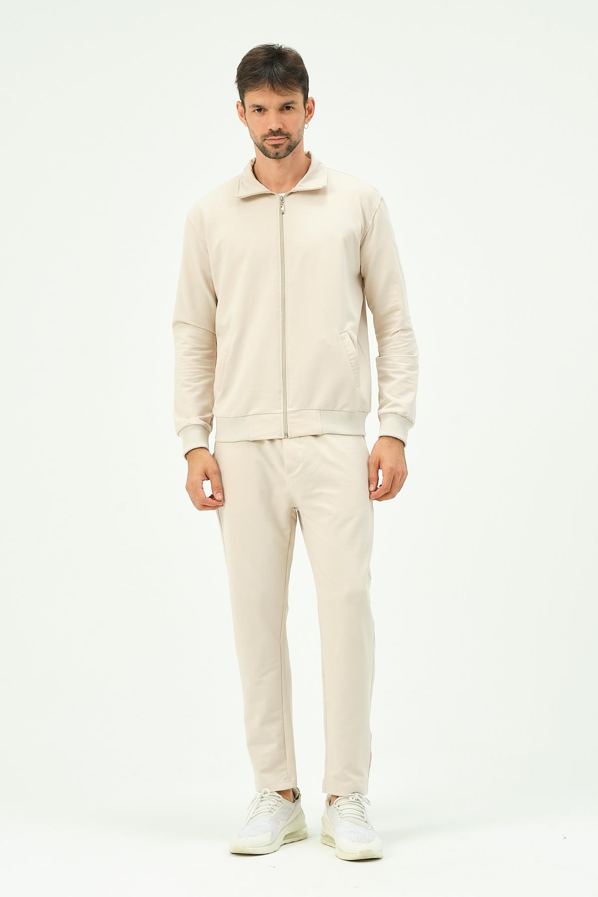 C&City Men Collared Front Zippered Straight Leg Tracksuit 8701 Beige
