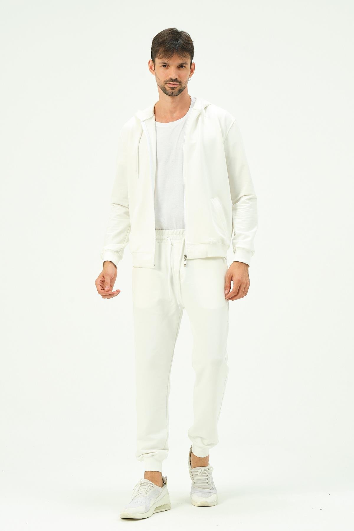 C&City Men Hooded Front Zippered Cuffed Leg Tracksuit 8702 Ecru