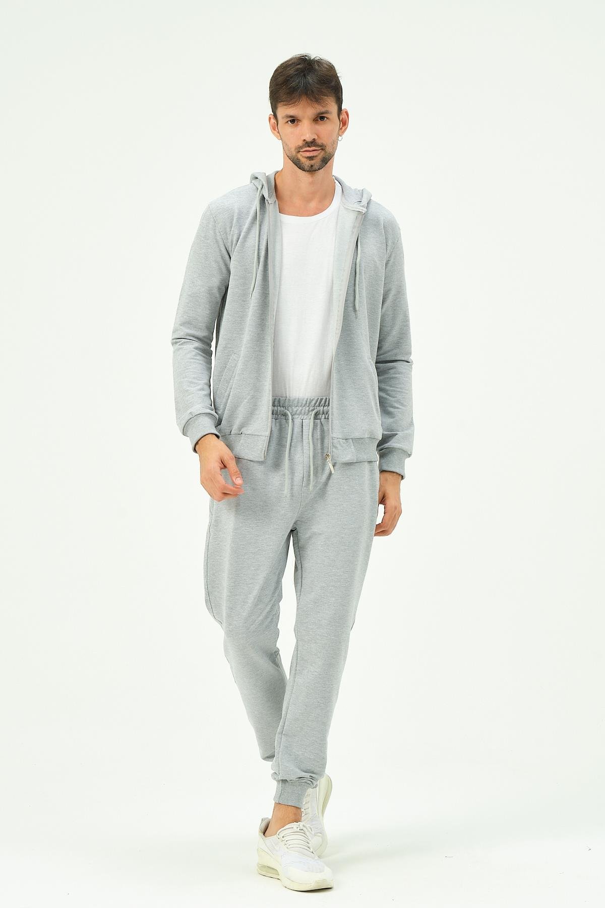 C&City Men Hooded Front Zippered Cuffed Leg Tracksuit 8702 Grey
