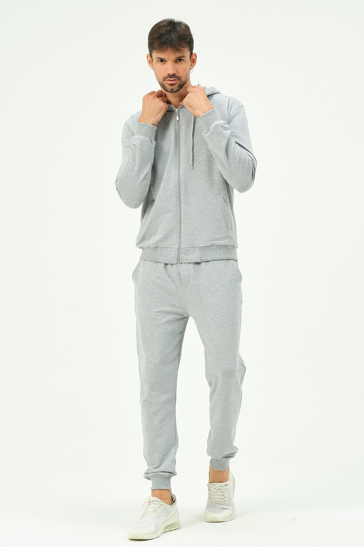 C&City Men Hooded Front Zippered Cuffed Leg Tracksuit 8702 Grey