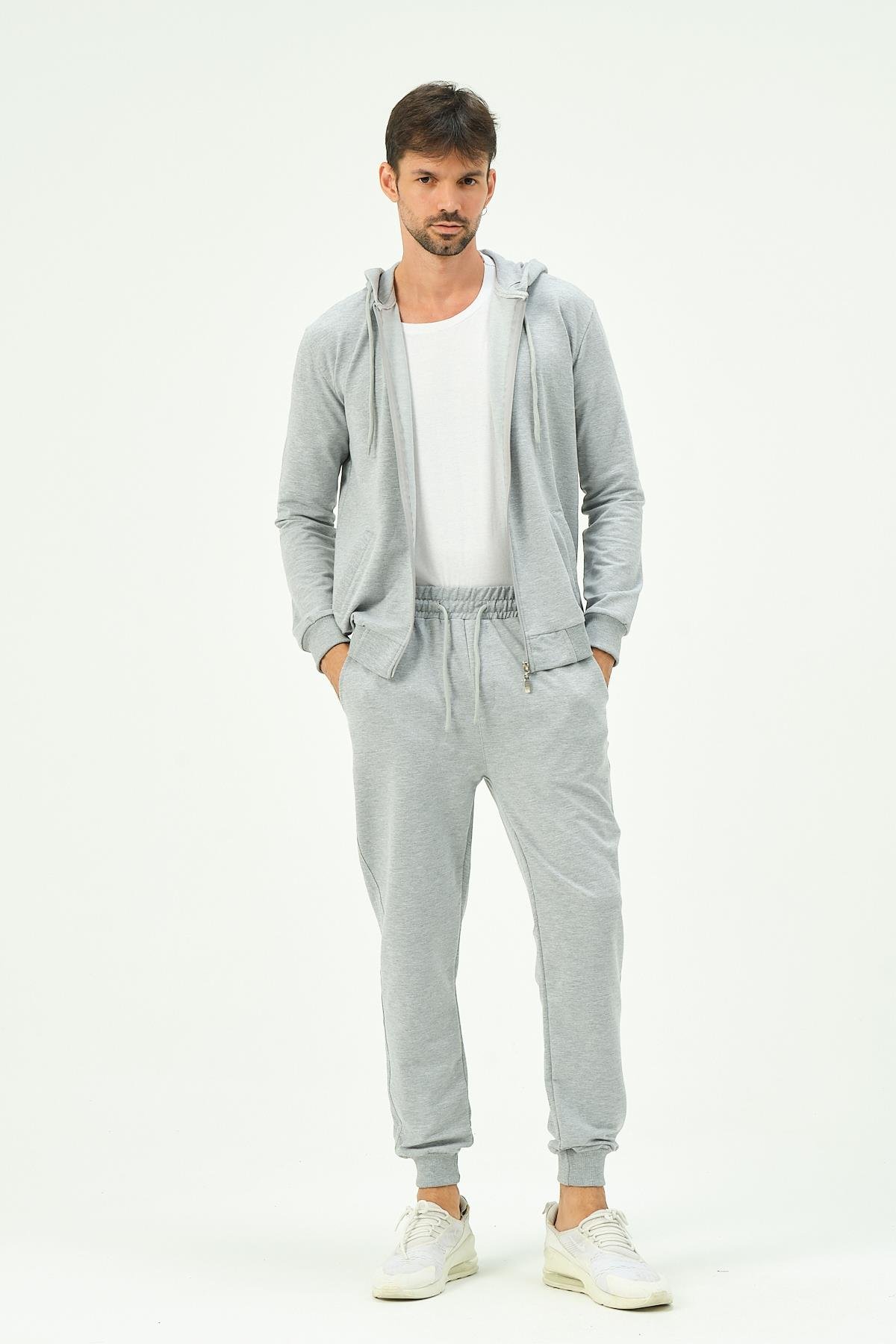 C&City Men Hooded Front Zippered Cuffed Leg Tracksuit 8702 Grey