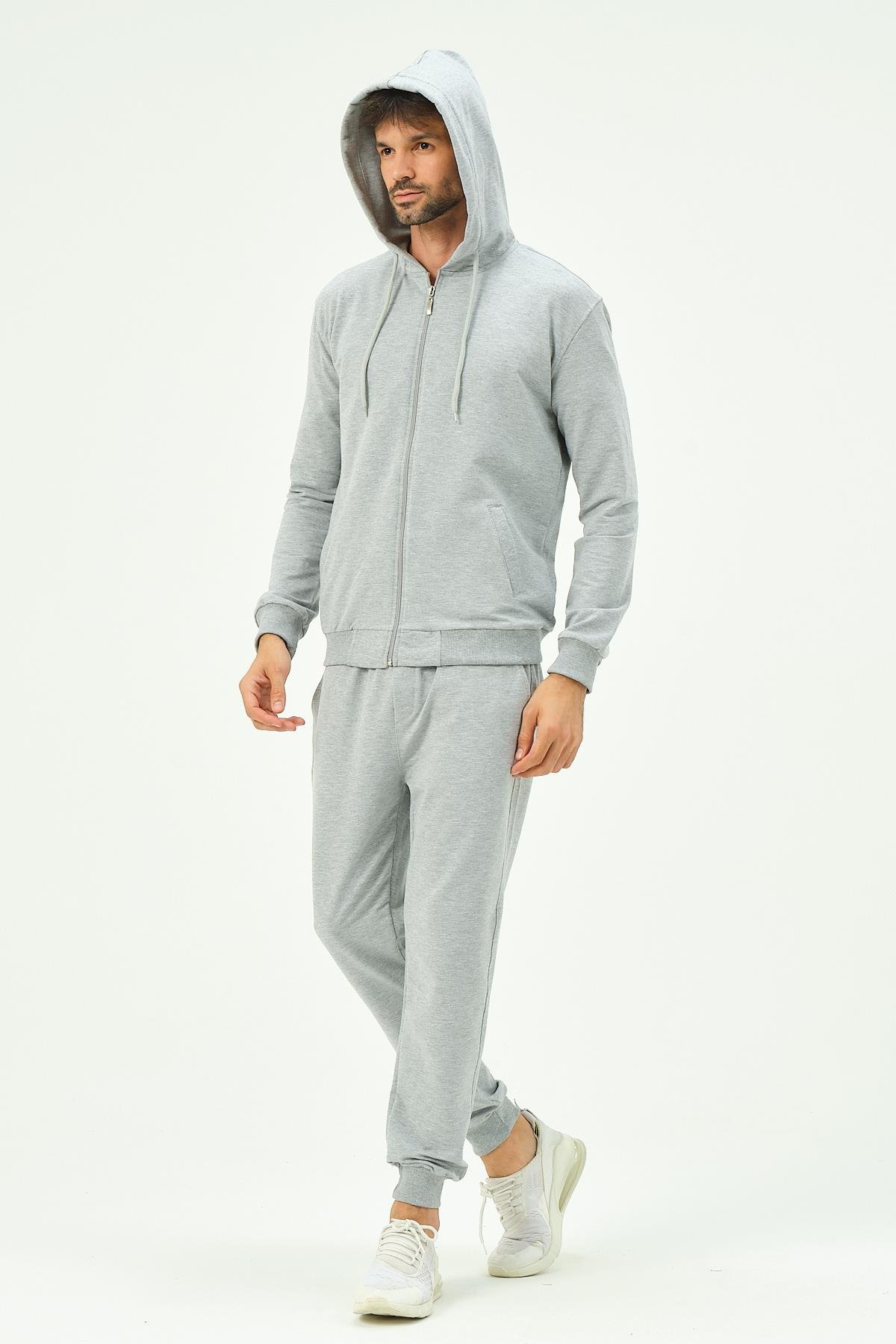 C&City Men Hooded Front Zippered Cuffed Leg Tracksuit 8702 Grey