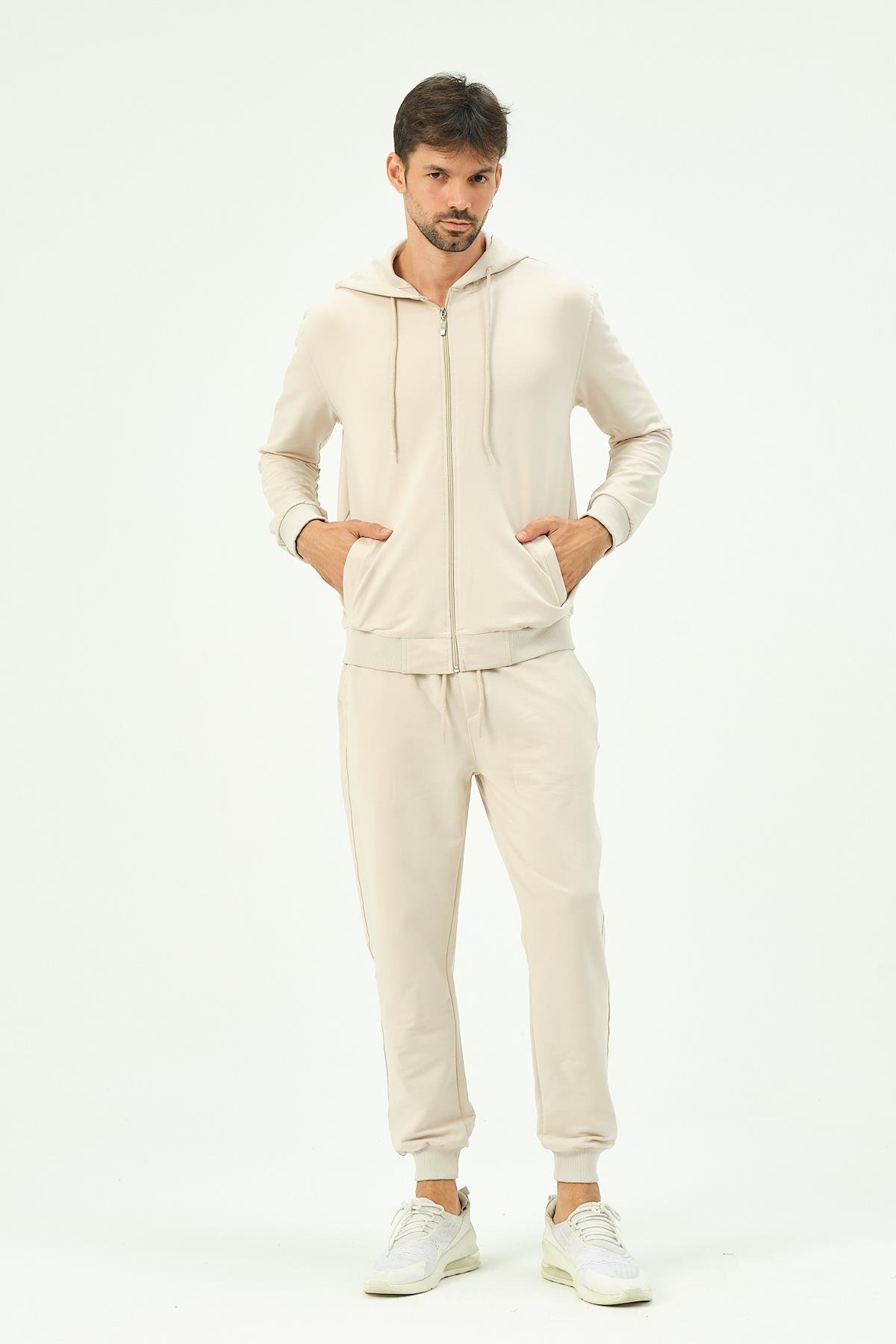 C&City Men Hooded Front Zippered Cuffed Leg Tracksuit 8702 Beige