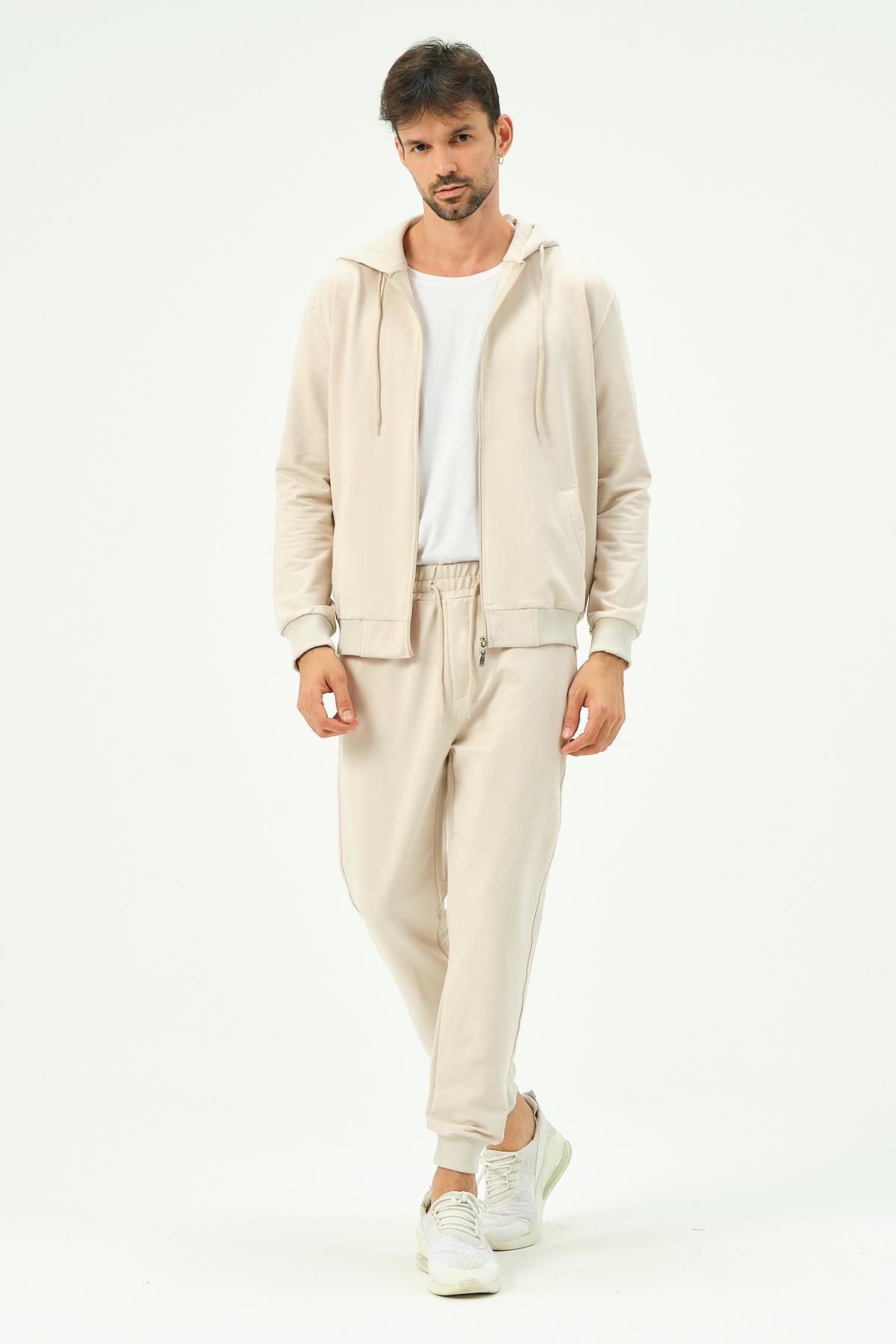 C&City Men Hooded Front Zippered Cuffed Leg Tracksuit 8702 Beige