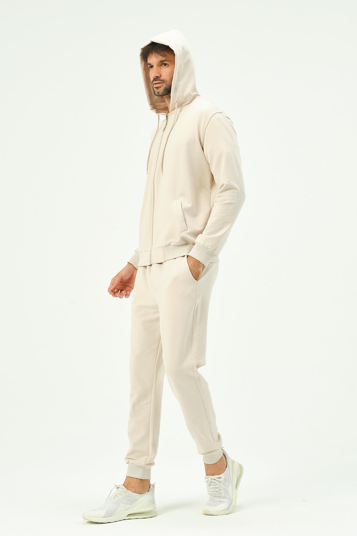 C&City Men Hooded Front Zippered Cuffed Leg Tracksuit 8702 Beige
