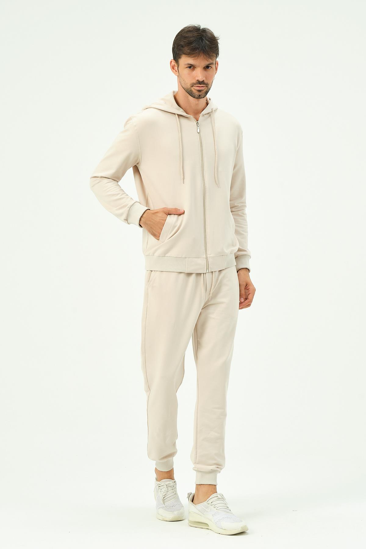 C&City Men Hooded Front Zippered Cuffed Leg Tracksuit 8702 Beige