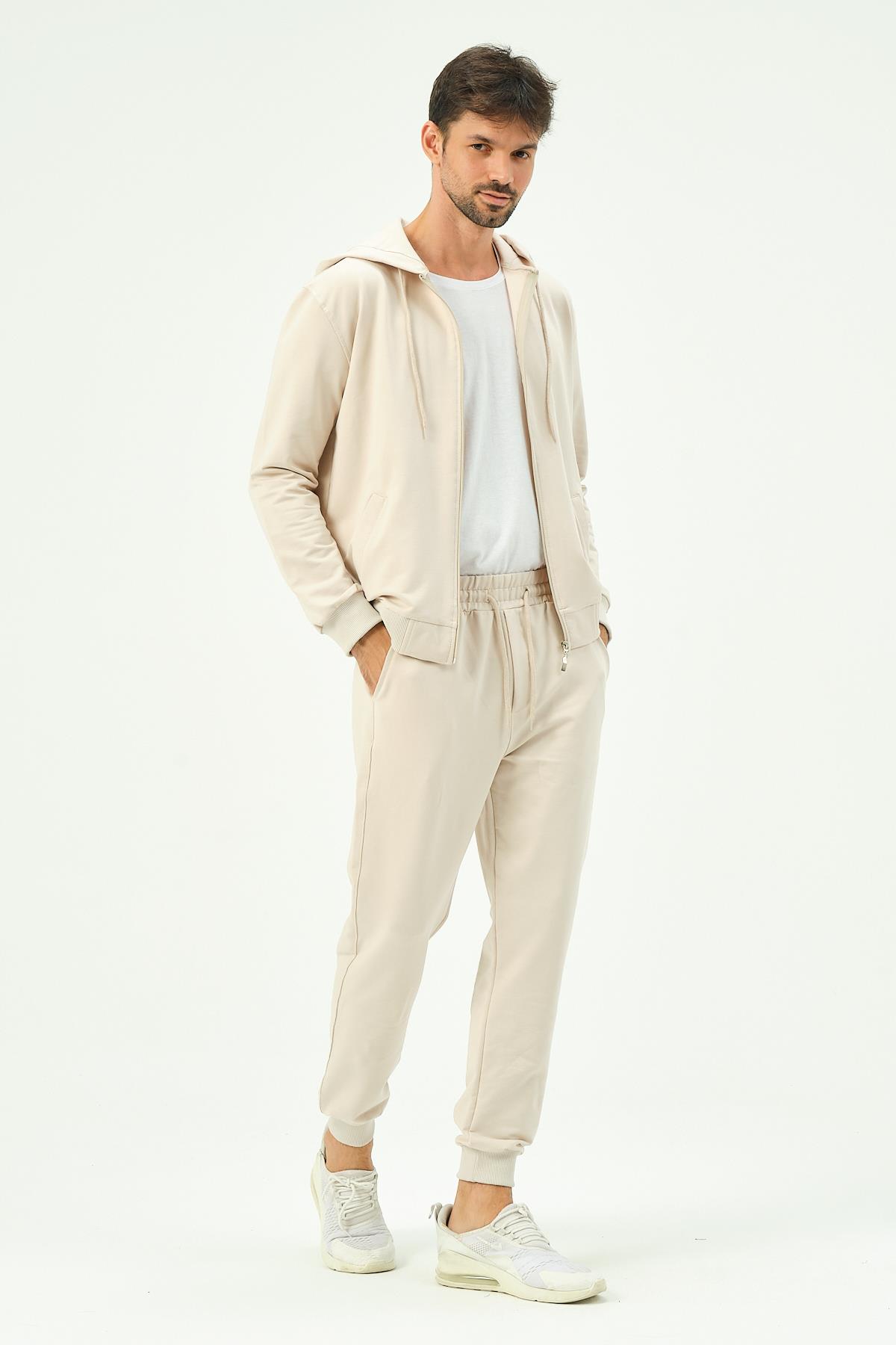 C&City Men Hooded Front Zippered Cuffed Leg Tracksuit 8702 Beige