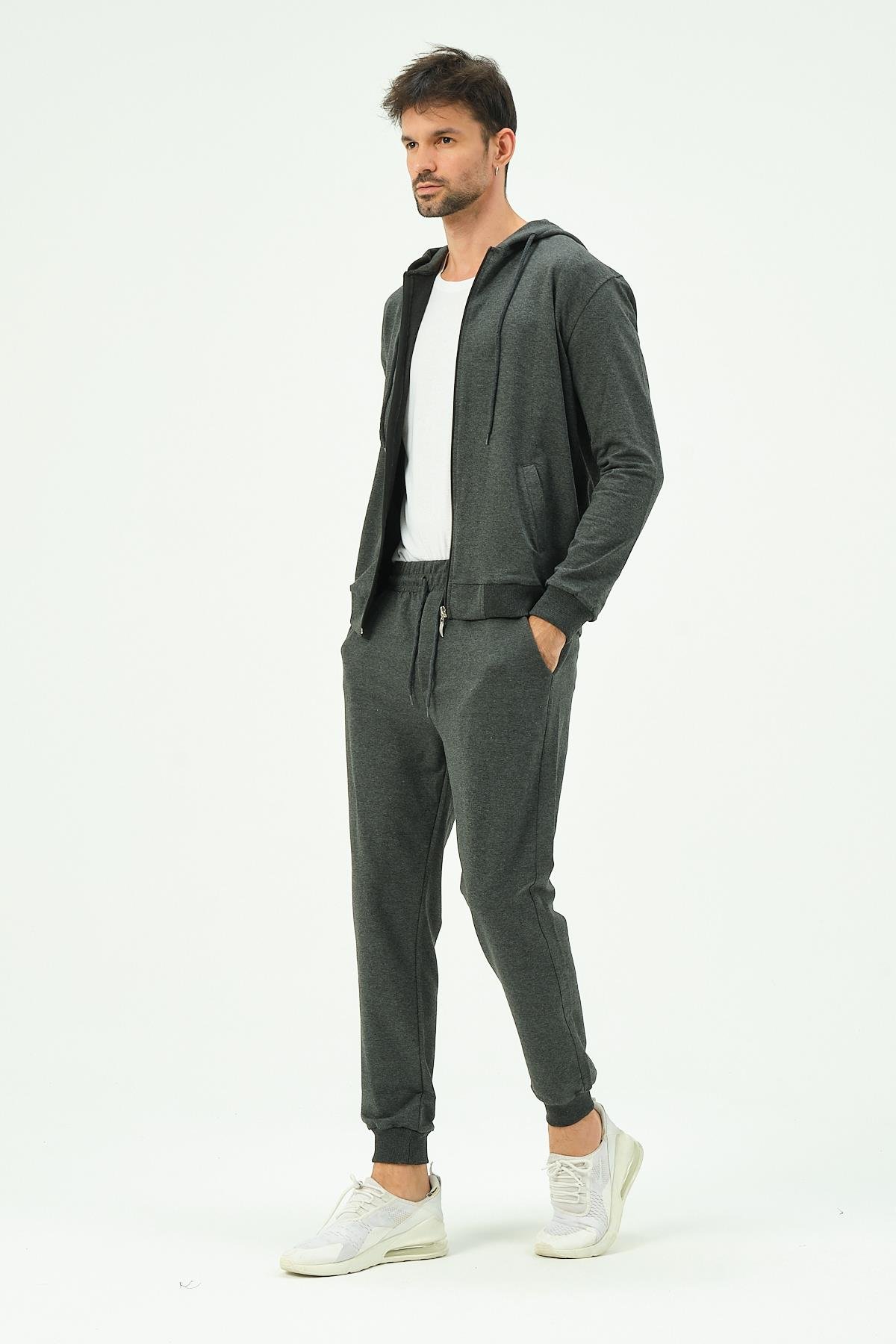 C&City Men Hooded Front Zippered Cuffed Leg Tracksuit 8702 Anthracite