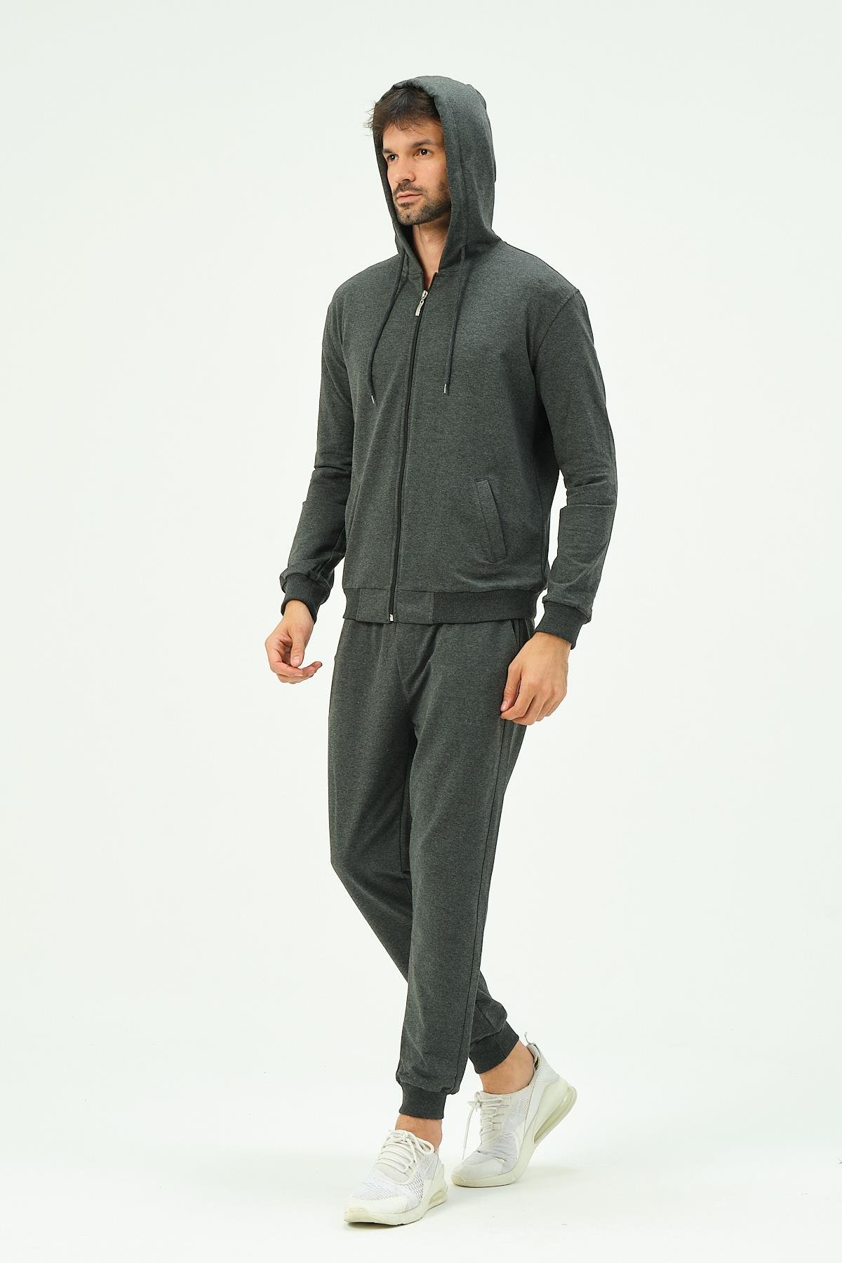 C&City Men Hooded Front Zippered Cuffed Leg Tracksuit 8702 Anthracite