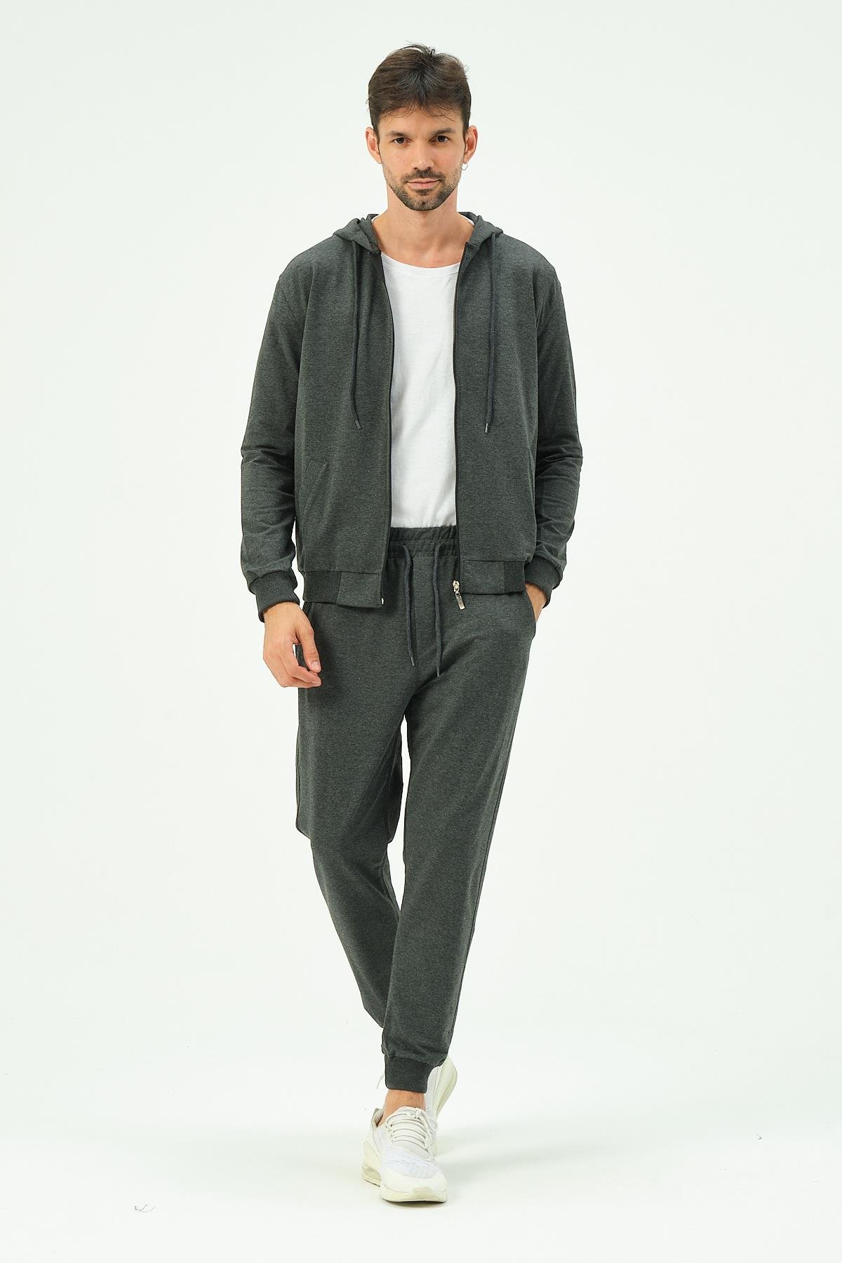 C&City Men Hooded Front Zippered Cuffed Leg Tracksuit 8702 Anthracite