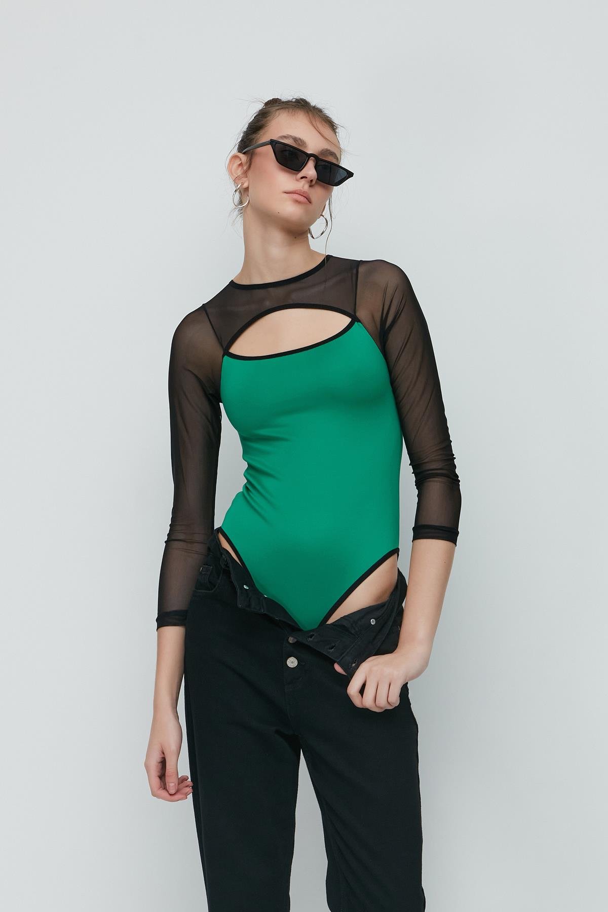 C&City Tulle Detail Long Sleeve Fantasy Bodysuit 9153 Green