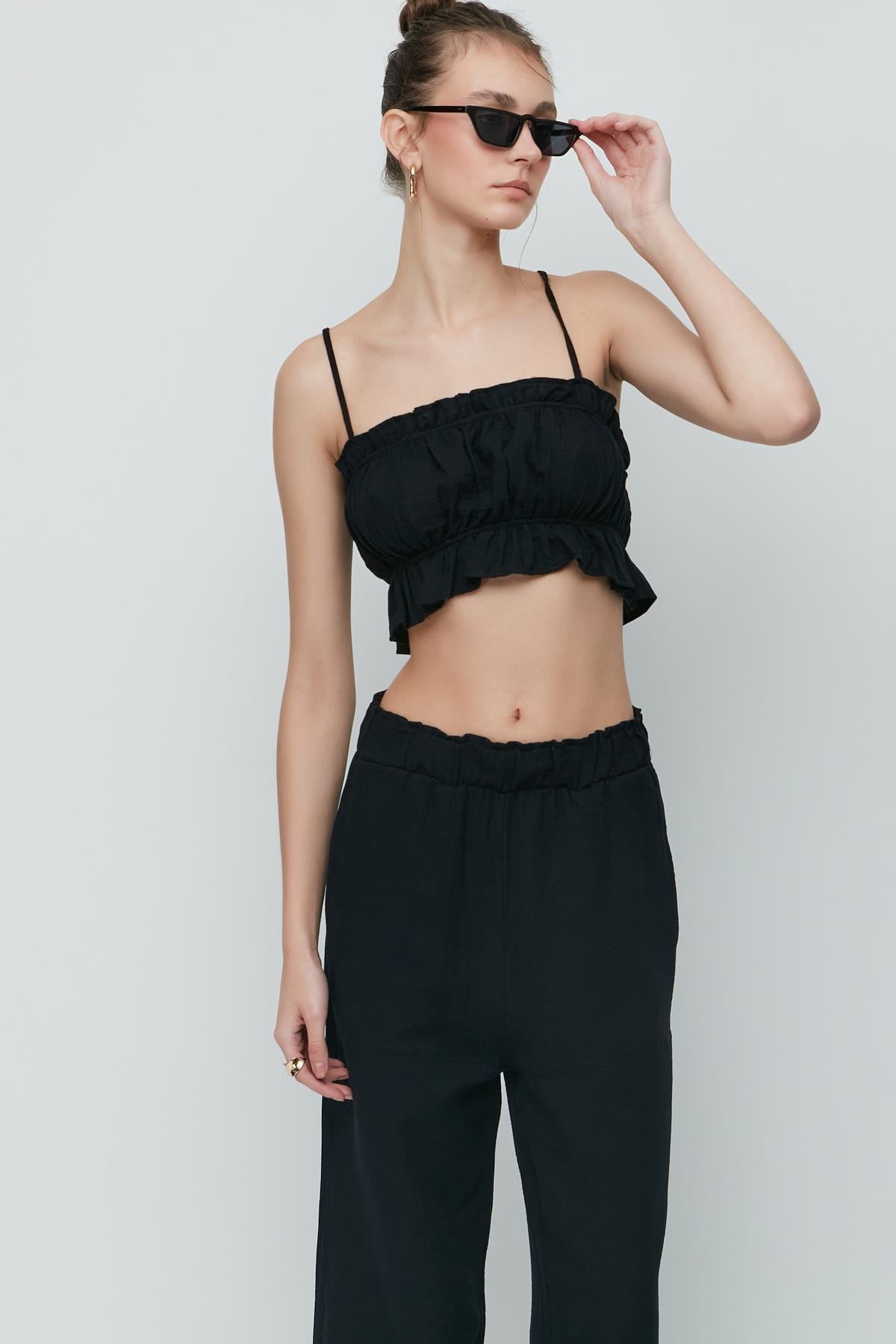 C&City Organic Cotton Muslin Crop Bustier Trousers Set 9124 Black