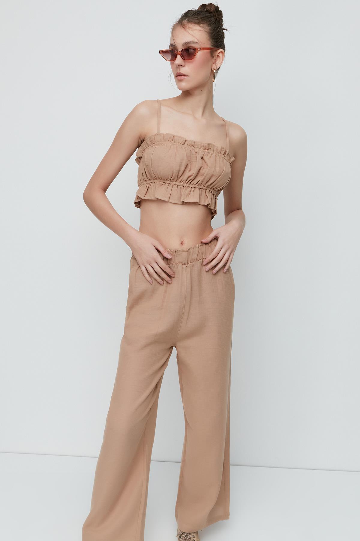 C&City Organic Cotton Muslin Crop Bustier Trousers Set 9124 Beige