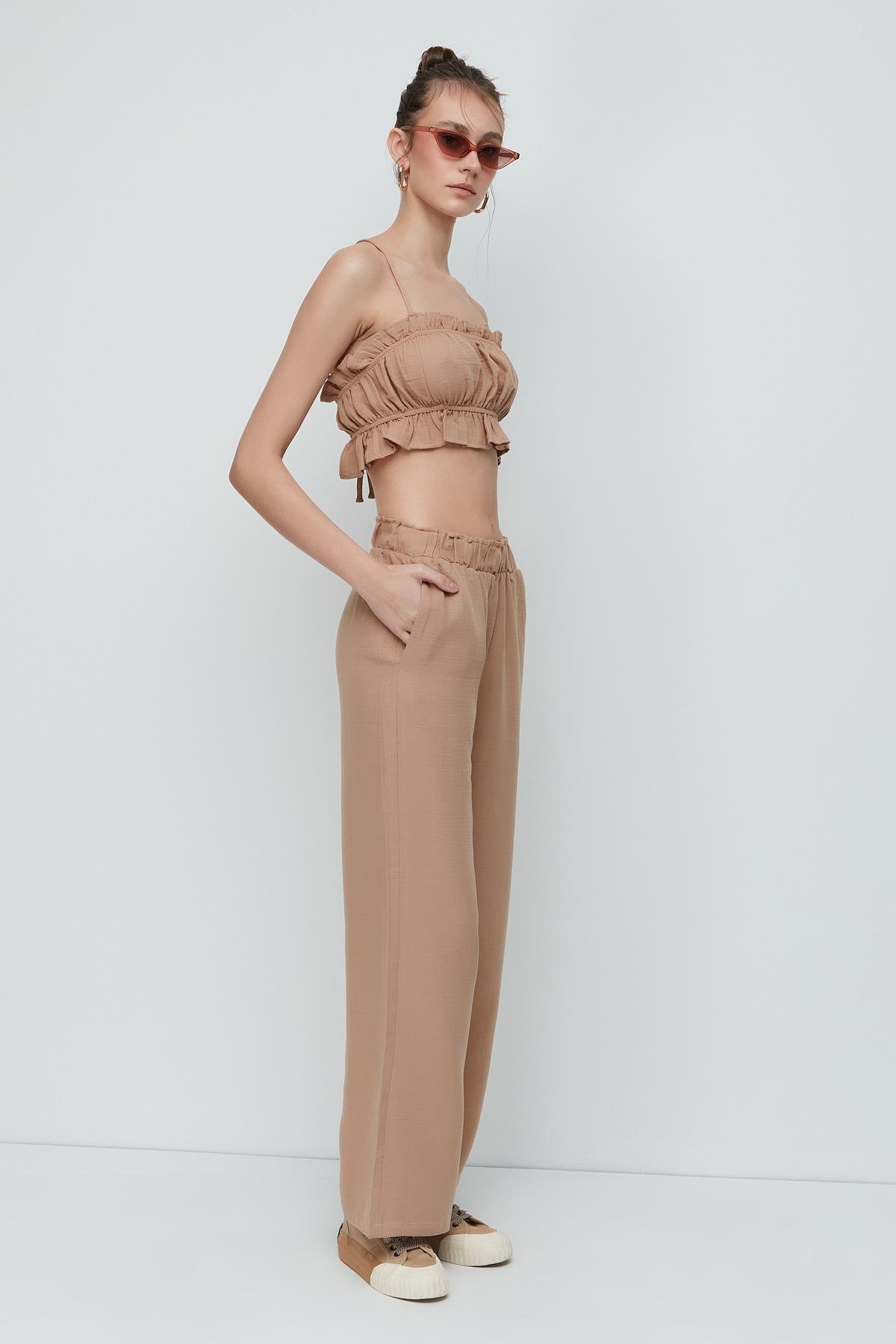 C&City Organic Cotton Muslin Crop Bustier Trousers Set 9124 Beige