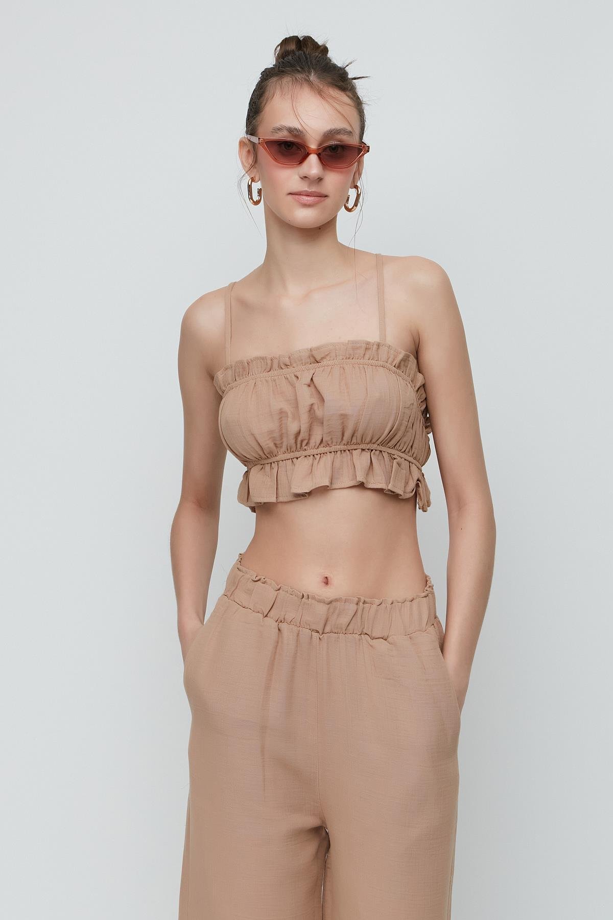 C&City Organic Cotton Muslin Crop Bustier Trousers Set 9124 Beige