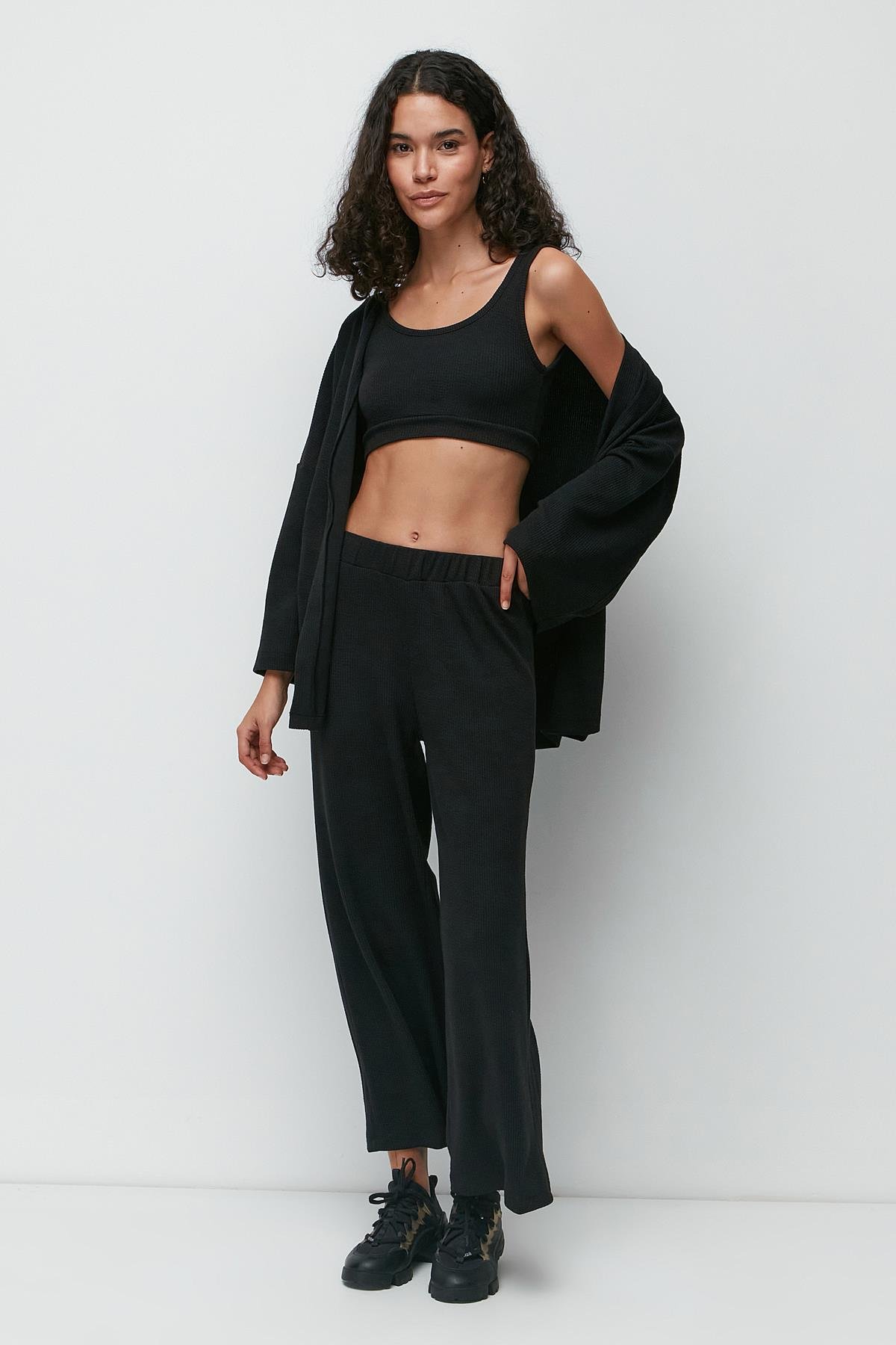 Ribbed 3-Piece Nightgown Set 9130 Black