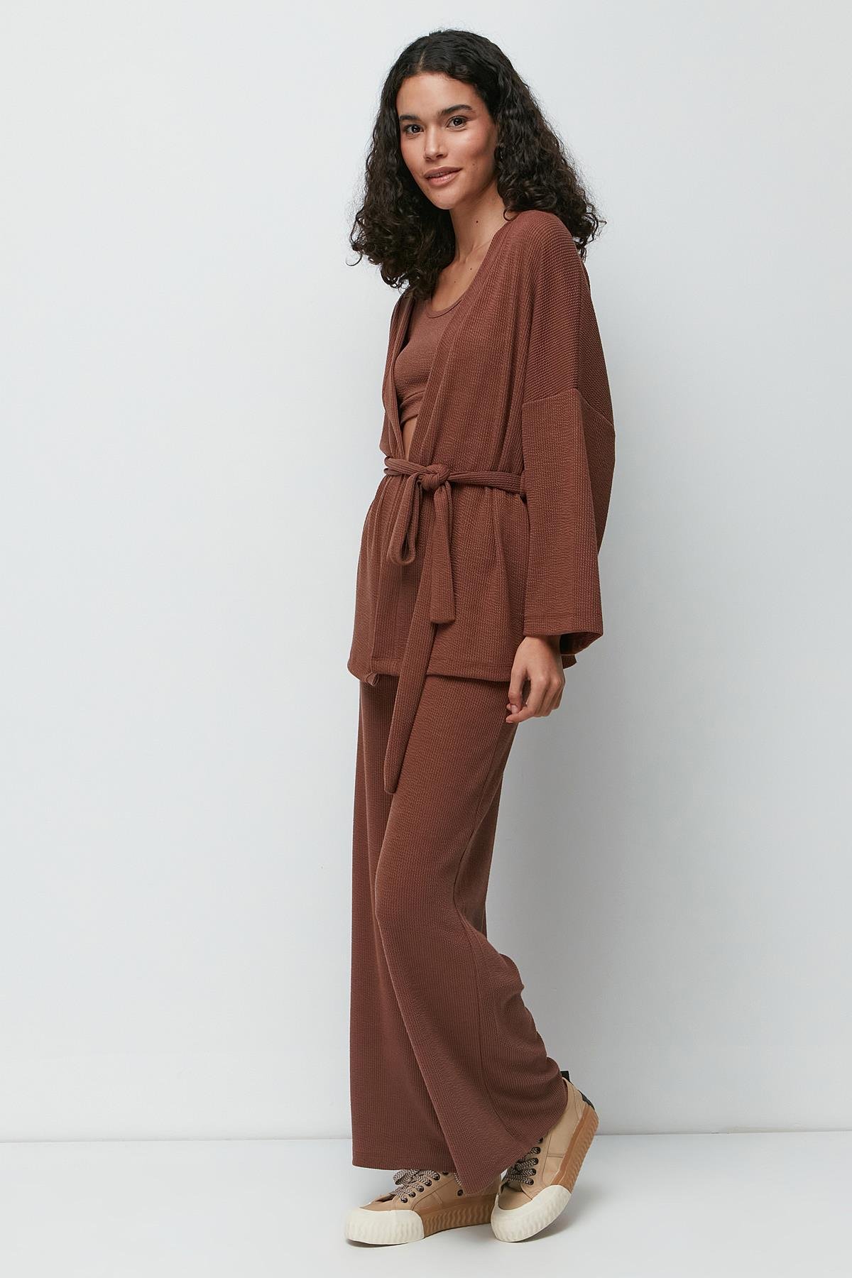 Ribbed 3-Piece Nightgown Set 9130 Brown