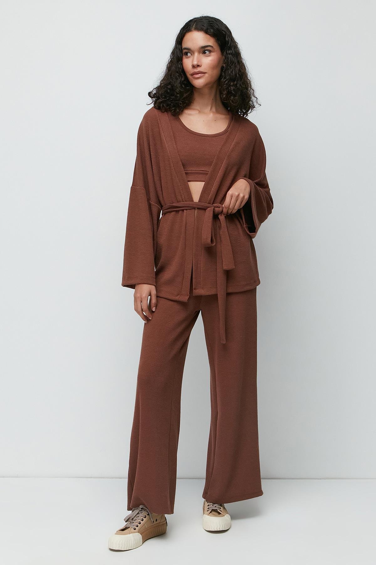 Ribbed 3-Piece Nightgown Set 9130 Brown