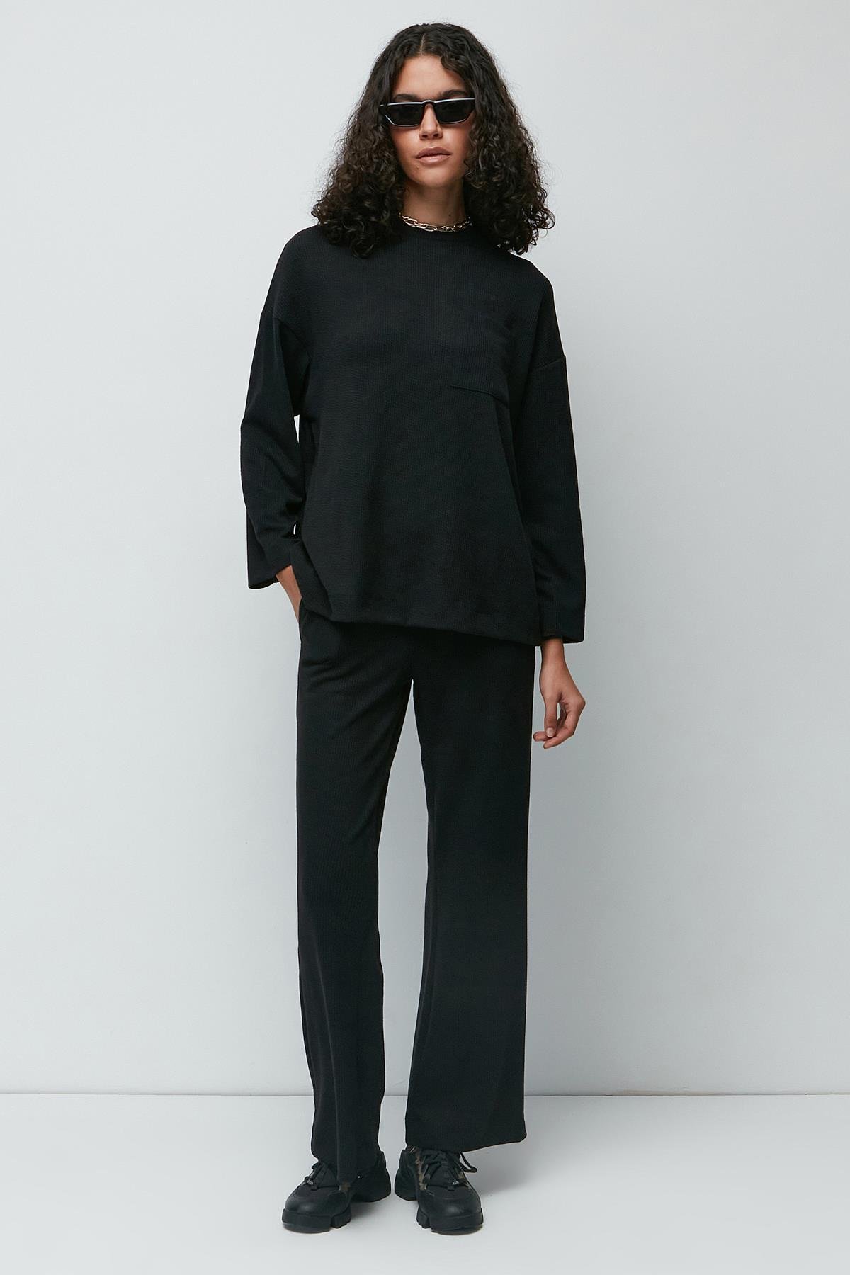 C&City Ribbed Pocket T-Shirt and Flared Trousers Set 9132 Black