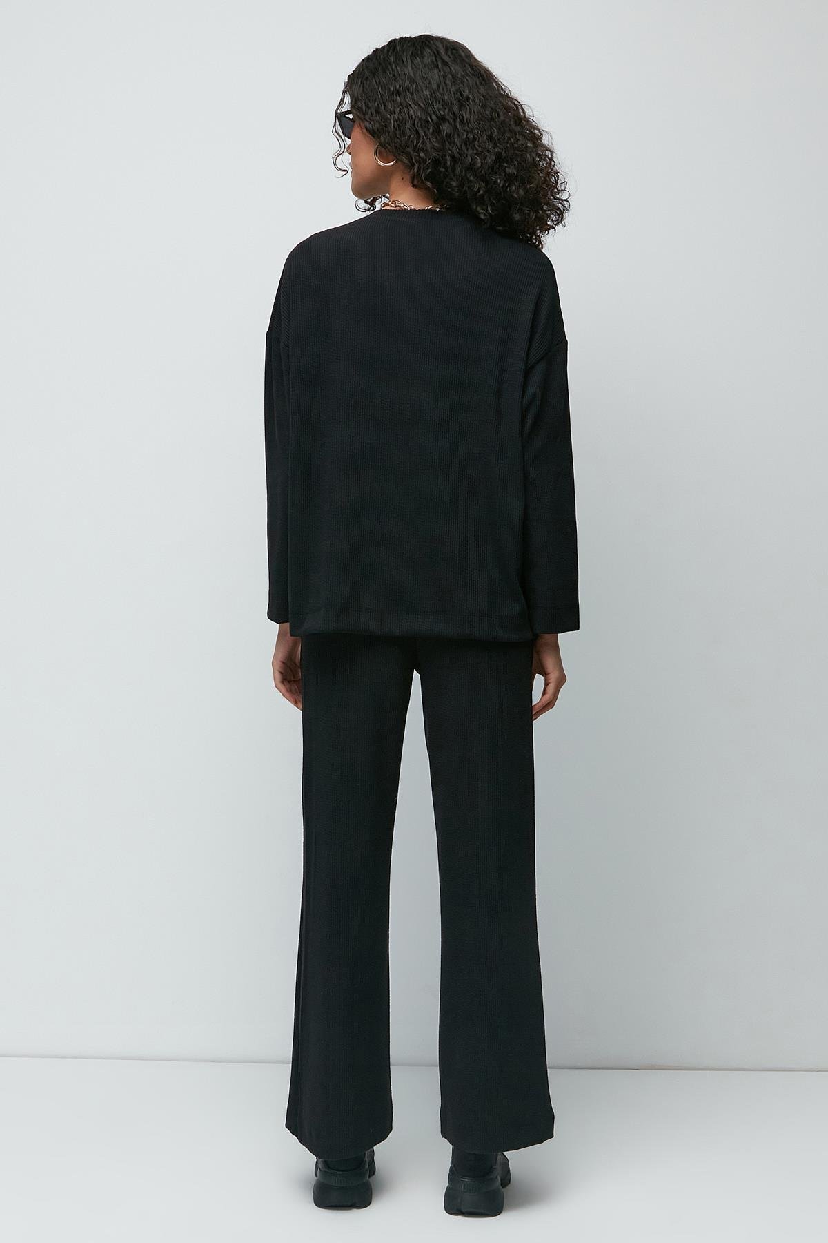 C&City Ribbed Pocket T-Shirt and Flared Trousers Set 9132 Black