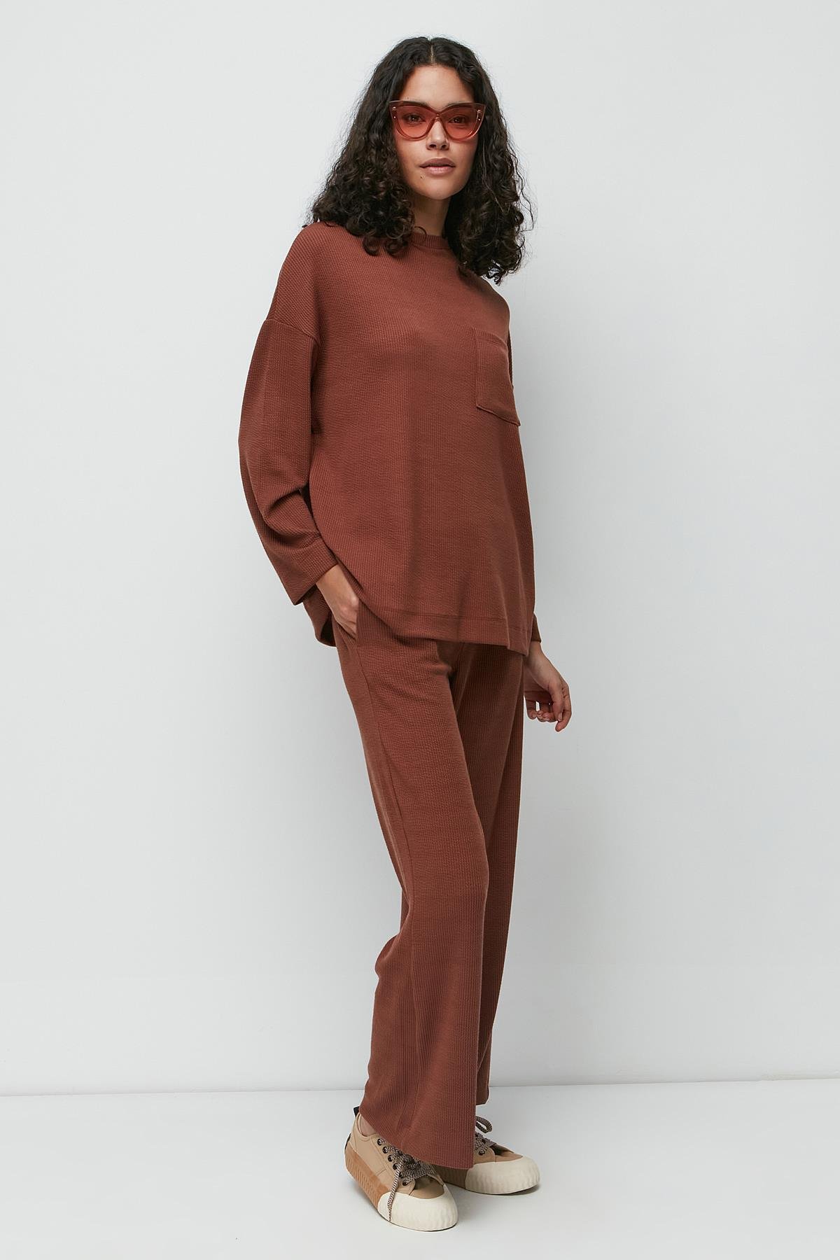 C&City Ribbed Pocket T-Shirt and Flared Trousers Set 9132 Brown