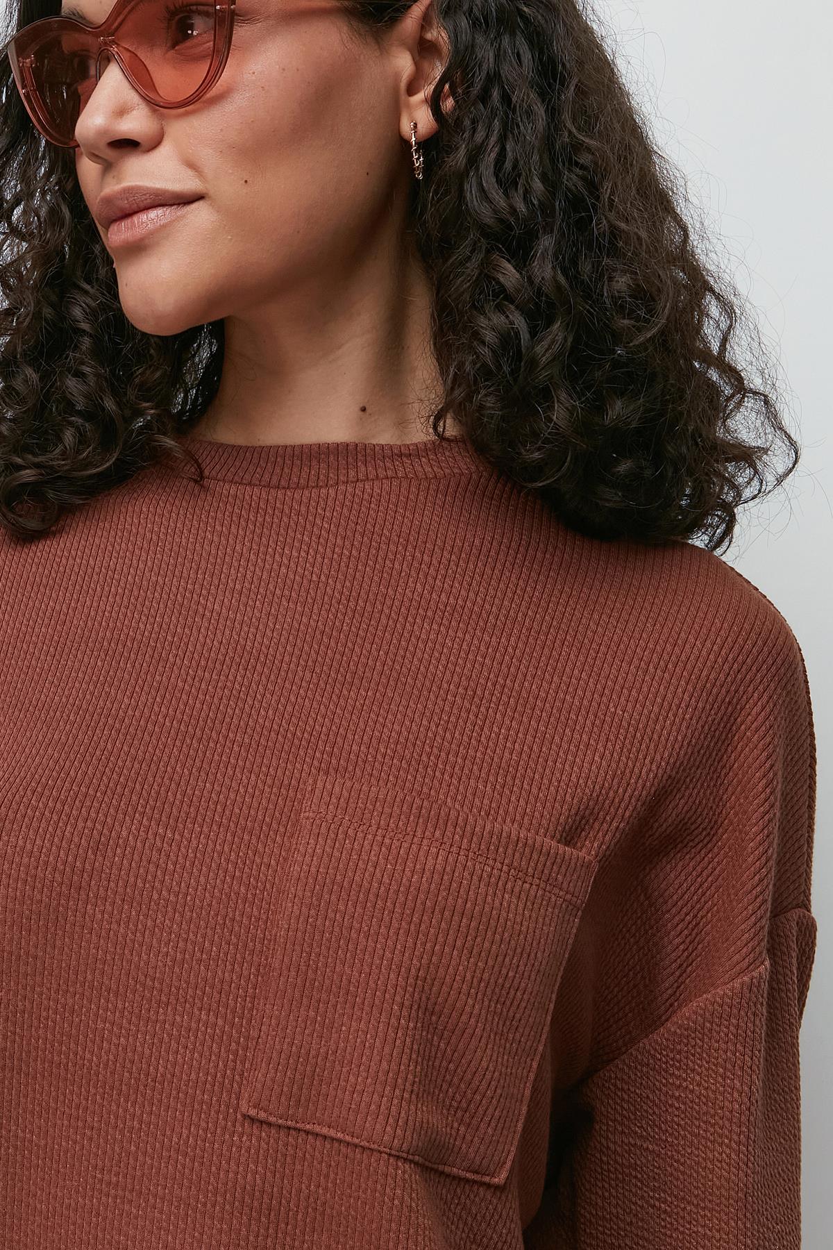 C&City Ribbed Pocket T-Shirt and Flared Trousers Set 9132 Brown