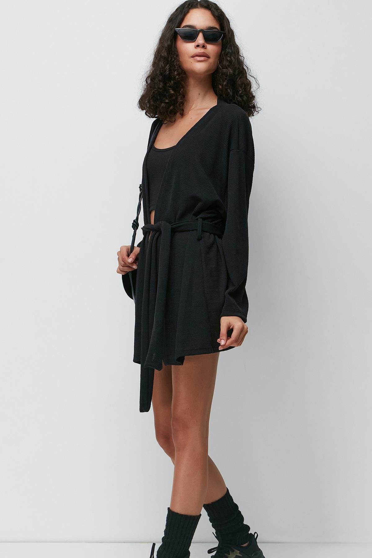 Ribbed 3-Piece Nightgown Set 9136 Black